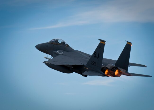 A U.S. Air Force F-15E Strike Eagle assigned to the 336th Fighter Squadron from Seymour Johnson Air Force Base, N.C. takes off during Red Flag 14-2 March 4, 2014, at Nellis AFB, Nev. Red Flag invites airframes and crews from different units in the Air Force, as well as forces from allied nations to participate in the combat scenarios. It is important for the different units and countries to practice with each other because they may work together in a real world operation. (U.S. Air Force photo by Airman 1st Class Thomas Spangler)