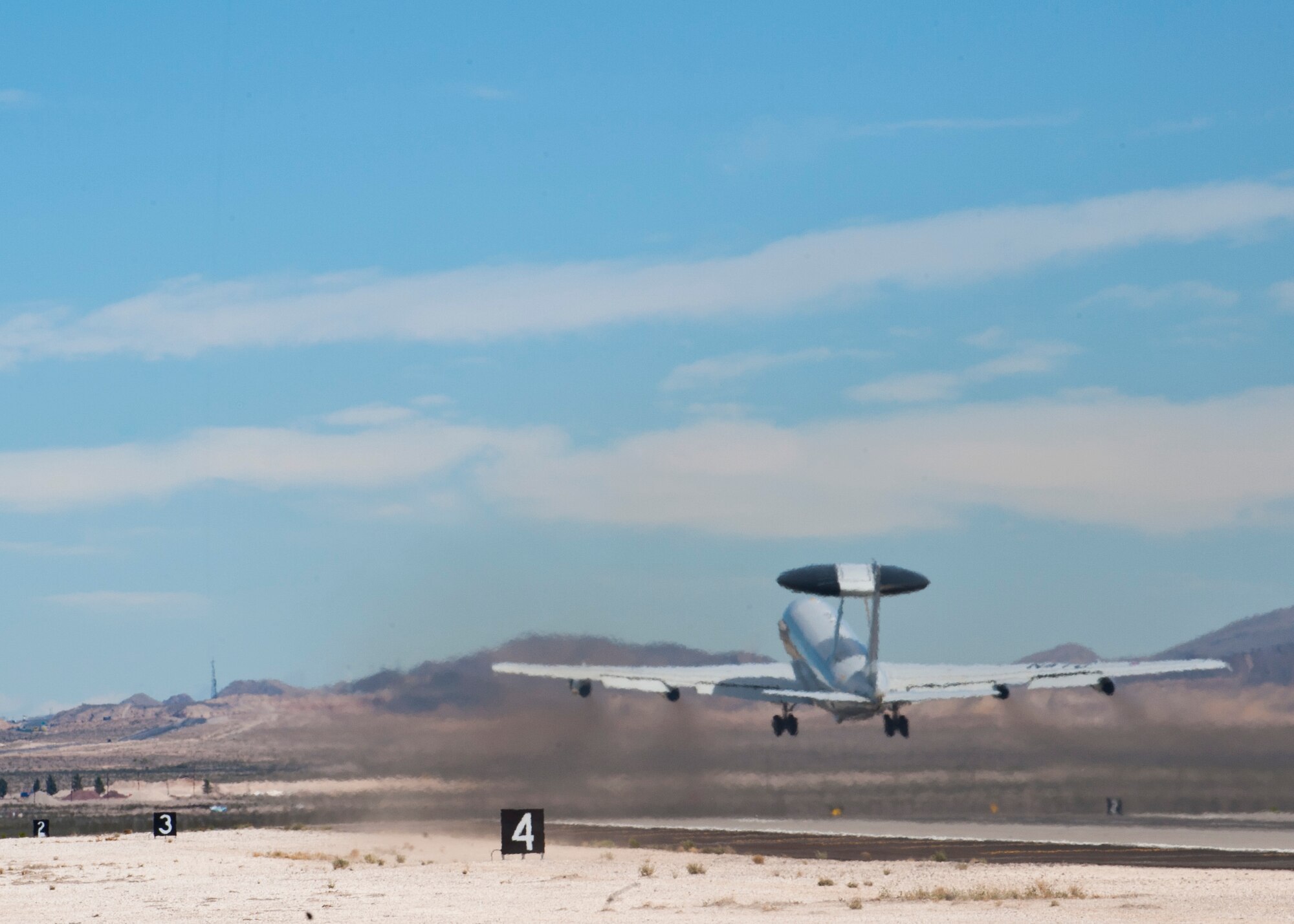 A North Atlantic Treaty Organization E-3A Sentry AWACS from Geilenkirchen Air Base, Germany takes off during Red Flag 14-2 March 4, 2014, at Nellis Air Force Base, Nev. Red Flag has expanded to incorporate all spectrums of warfare to include command and control, real-time intelligence, analysis and exploitation and electronic warfare. (U.S. Air Force photo by Airman 1st Class Thomas Spangler)