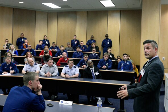 Scott Hines, mayor of Rancho Mirage, Calif., and a 1992 Academy graduate, speaks to cadets and staff members about taking risks and overcoming failure at the 2014 National Character and Leadership Symposium here Feb. 28. (U.S. Air Force Photo/Sarah Chambers)