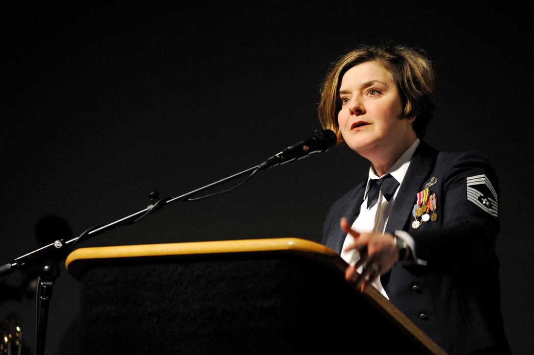 Chief Master Sgt. Jennifer Pagnard, The United States Air Force Band's assistant NCO in charge of outreach, narrates Igor Stravinky's "The Soldier's Tale" March 2, 2014 at the Women in Military Service for America Memorial in Arlington, Va. Pagnard performed alongside the band's all-female ensemble, marking the first time the group performed together. (U.S. Air Force photo/Senior Airman Lindsey A. Porter)