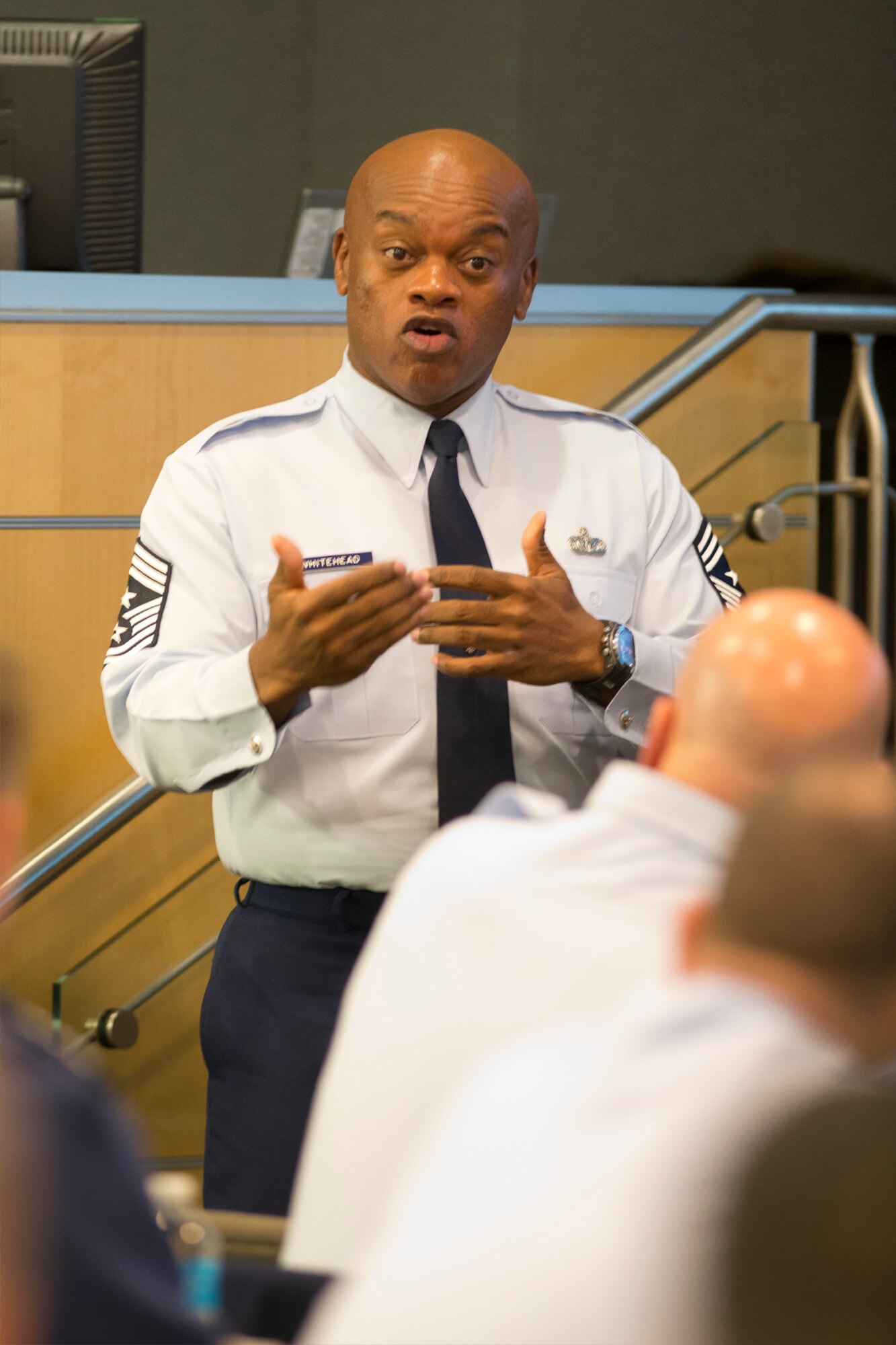 Chief Master Sergeant Tony Whitehead, the command chief master sergeant of the Air National Guard Readiness Center, responds to a question during the Chief's Executive Course at Joint Base Andrews, March 5, 2014.   The purpose of the CEC is to provide new Chief Master Sergeants with a broad view of operations at the strategic level.  (U.S. Air National Guard photo by Master Sgt. Marvin R. Preston/Released)