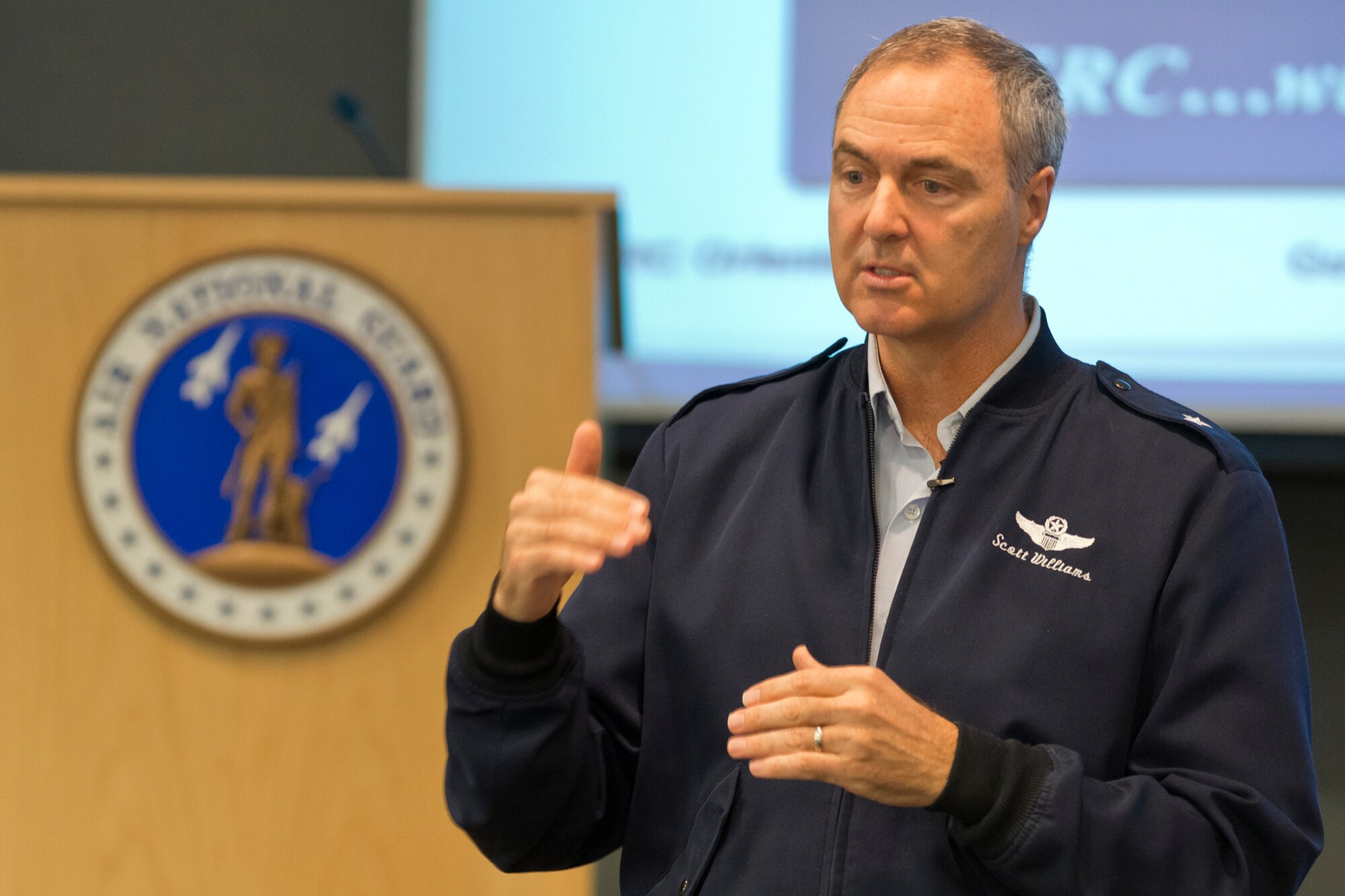 Brig. Gen. R. Scott Williams, the commander of the Air National Guard Readiness Center, discusses the purpose of the ANGRC with Chief Master Sergeants from accross the country during the Chief's Executive Course at Joint Base Andrews, March 5, 2014.   The purpose of the CEC is to provide new Chief Master Sergeants with a broad view of operations at the strategic level.  (U.S. Air National Guard photo by Master Sgt. Marvin R. Preston/Released)