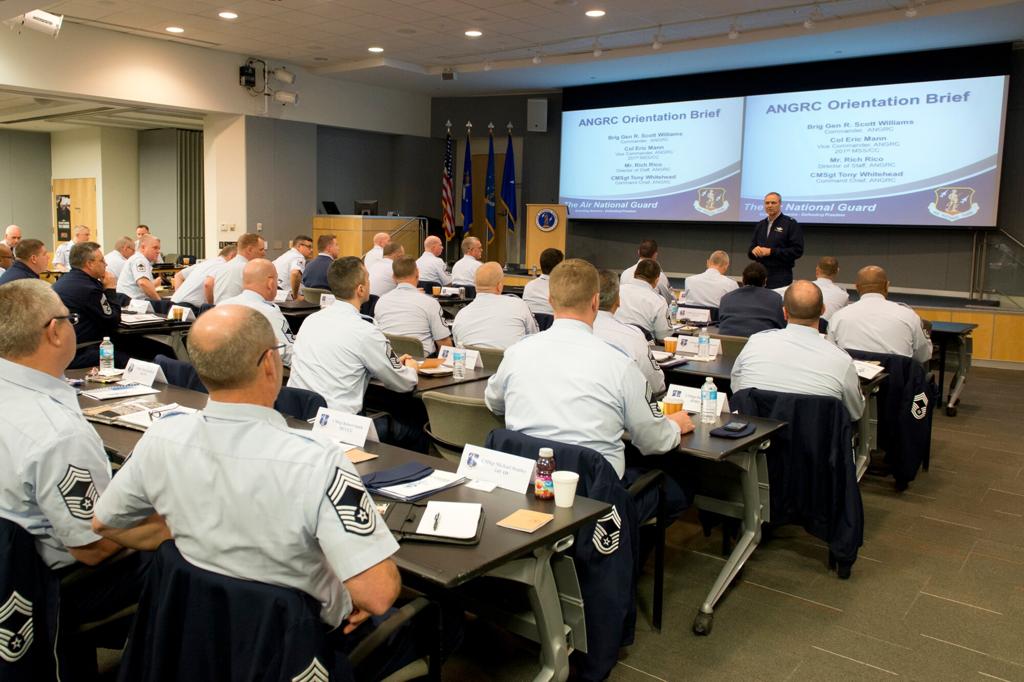 Brig. Gen. R. Scott Williams, the commander of the Air National Guard Readiness Center, discusses the purpose of the ANGRC with Chief Master Sergeants from accross the country during the Chief's Executive Course at Joint Base Andrews, March 5, 2014.   The purpose of the CEC is to provide new Chief Master Sergeants with a broad view of operations at the strategic level.  (U.S. Air National Guard photo by Master Sgt. Marvin R. Preston/Released)