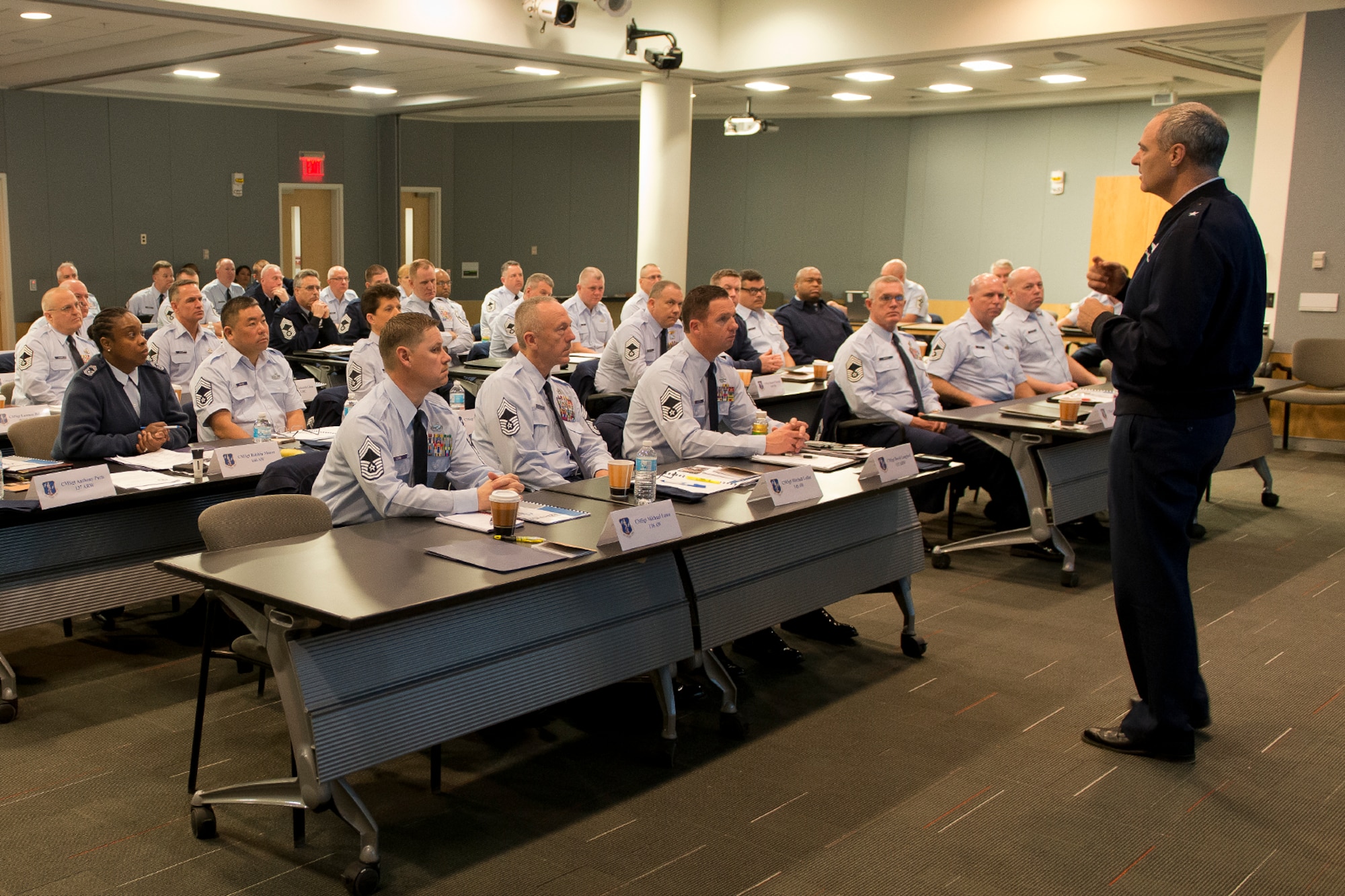 Brig. Gen. R. Scott Williams, the commander of the Air National Guard Readiness Center, discusses the purpose of the ANGRC with Chief Master Sergeants from accross the country during the Chief's Executive Course at Joint Base Andrews, March 5, 2014.   The purpose of the CEC is to provide new Chief Master Sergeants with a broad view of operations at the strategic level.  (U.S. Air National Guard photo by Master Sgt. Marvin R. Preston/Released)