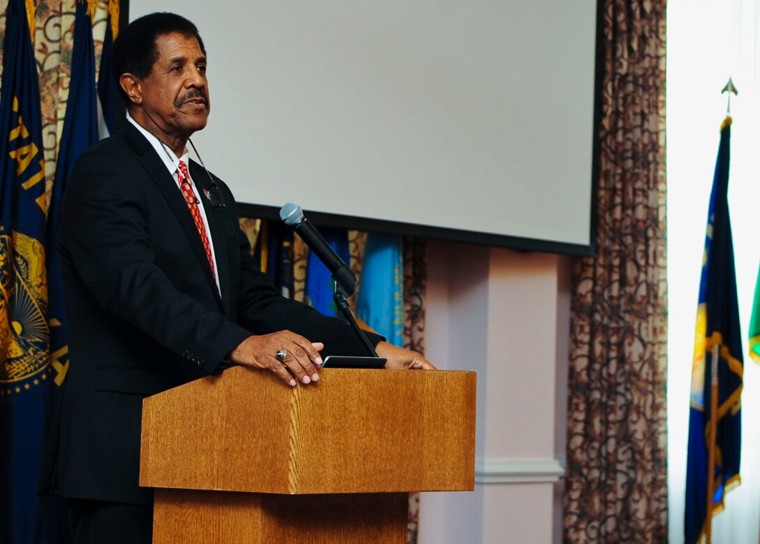 John Sibley Butler, professor of management and sociology at the University of Texas at Austin, speaks during an African-American History Month observance luncheon at Fort Eustis, Feb. 26, 2014. Butler spoke about the importance of the military mission and its impact on diversity and equality. (U.S. Air Force photo by Senior Airman Austin Harvill/Released)