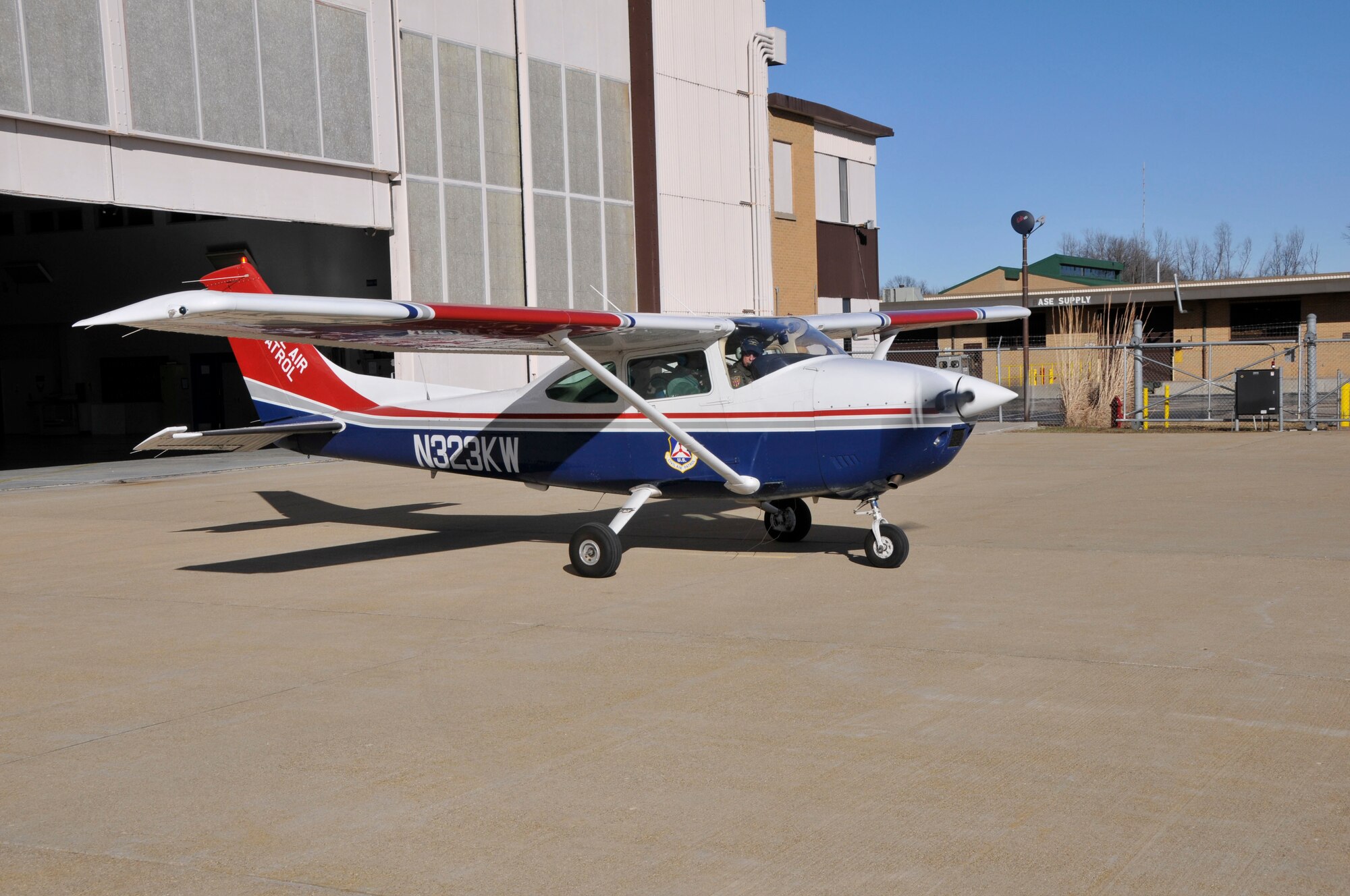 A Civil Air Patrol aircraft with airmen from the 181st Intelligence Wing, Indiana Air National Guard taxis on the ramp prior the Operation Blue Sky Incident Analysis and Assessment mission over central Indiana Feb. 21, 2014. The 181st IW deployed an Aerial Collections Team to conduct aerial assessment of flooding in Tippecanoe and Fulton Counties in order to provide Indiana Department of Homeland Security with an accurate assessment of flooding.  The 181st Intelligence Wing is crucial to State domestic response. (U.S. Air National Guard photo by Senior Master Sgt. John S. Chapman/Released)