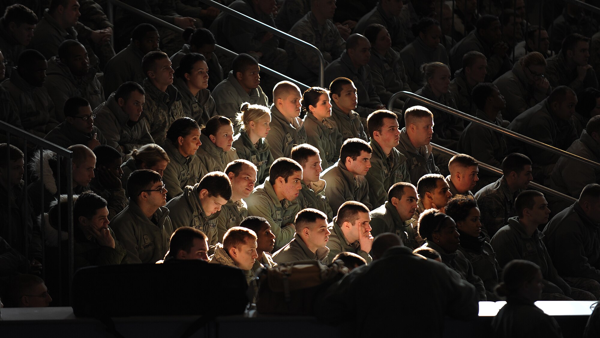 Base Airmen attend an all-call held by Maj. Gen. Scott Vander Hamm, Eighth Air Force commander at Minot Air Force Base, N.D., Feb. 25, 2014. Vander Hamm visited a variety of base installations and spoke about the future of the Air Force and the 5th Bomb Wings mission. (U.S. Air Force photo/Senior Airman Stephanie Sauberan)