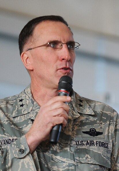 Maj. Gen. Scott Vander Hamm, Eighth Air Force commander speaks during an all-call held at Minot Air Force Base, N.D., Feb. 25, 2014. Vander Hamm visited a variety of base installations and spoke about the future of the Air Force and the 5th Bomb Wings mission. (U.S. Air Force photo/Senior Airman Stephanie Sauberan)