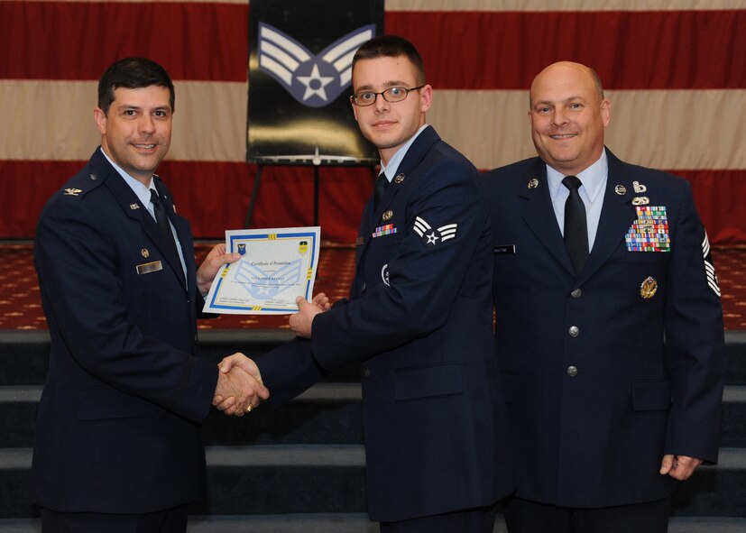Senior Airman Alexander Keenan, 2nd Logistics Readiness Squadron, receives a certificate of promotion from Col. Andrew Gebara, 2nd Bomb Wing commander, and Chief Master Sgt. Stephen Lebrun, 2nd Operations Group, during the February Wing Promotion Ceremony on Barksdale Air Force Base, La., Feb. 28, 2014. (U.S. Air Force photo/Senior Airman Joseph A. Pagán Jr.)