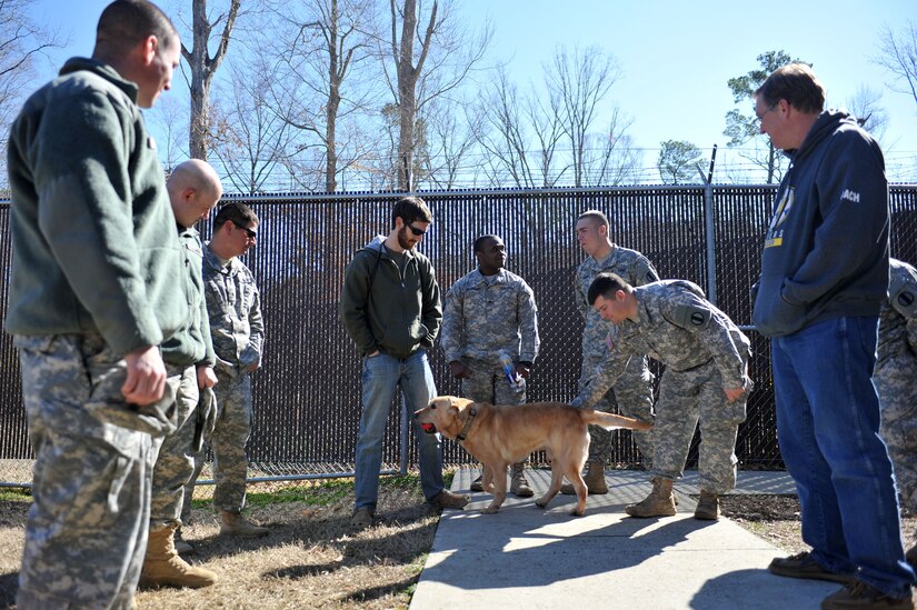 Members of the 3rd Military Police Detachment bid farewell to Honza, a 7-year-old specialized search dog, as he is adopted out to his handler, U.S. Army Sgt. John Nolan, former  senior SSD handler previously assigned to the 3rd Military Police Detachment, at Fort Eustis, Va., Feb. 28, 2014. Honza was Nolan’s only dog during his three years as an SSD handler. U.S. Air Force photo by Staff Sgt. Katie Gar Ward/Released)