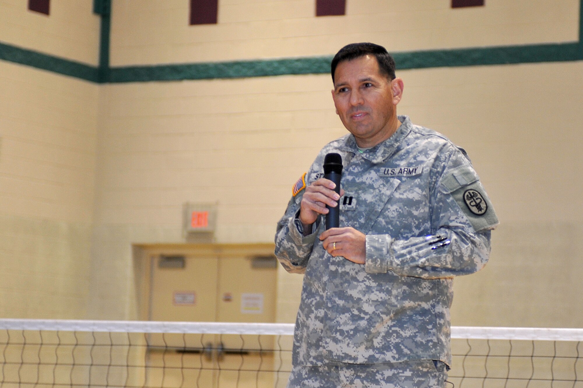 U.S. Army Capt. Derek Strong, Fort Eustis Warrior Transition Unit interim commander, gives opening remarks for Adaptive-Sports Day  during the WTU’s Sports Week at Fort Eustis, Va., Feb. 27, 2014. The week’s adaptive-sports activities included archery, wheelchair football, seated volleyball, bean-bag toss, bowling and dominoes. (U.S. Air Force photo by Staff Sgt. Katie Gar Ward/Released)
