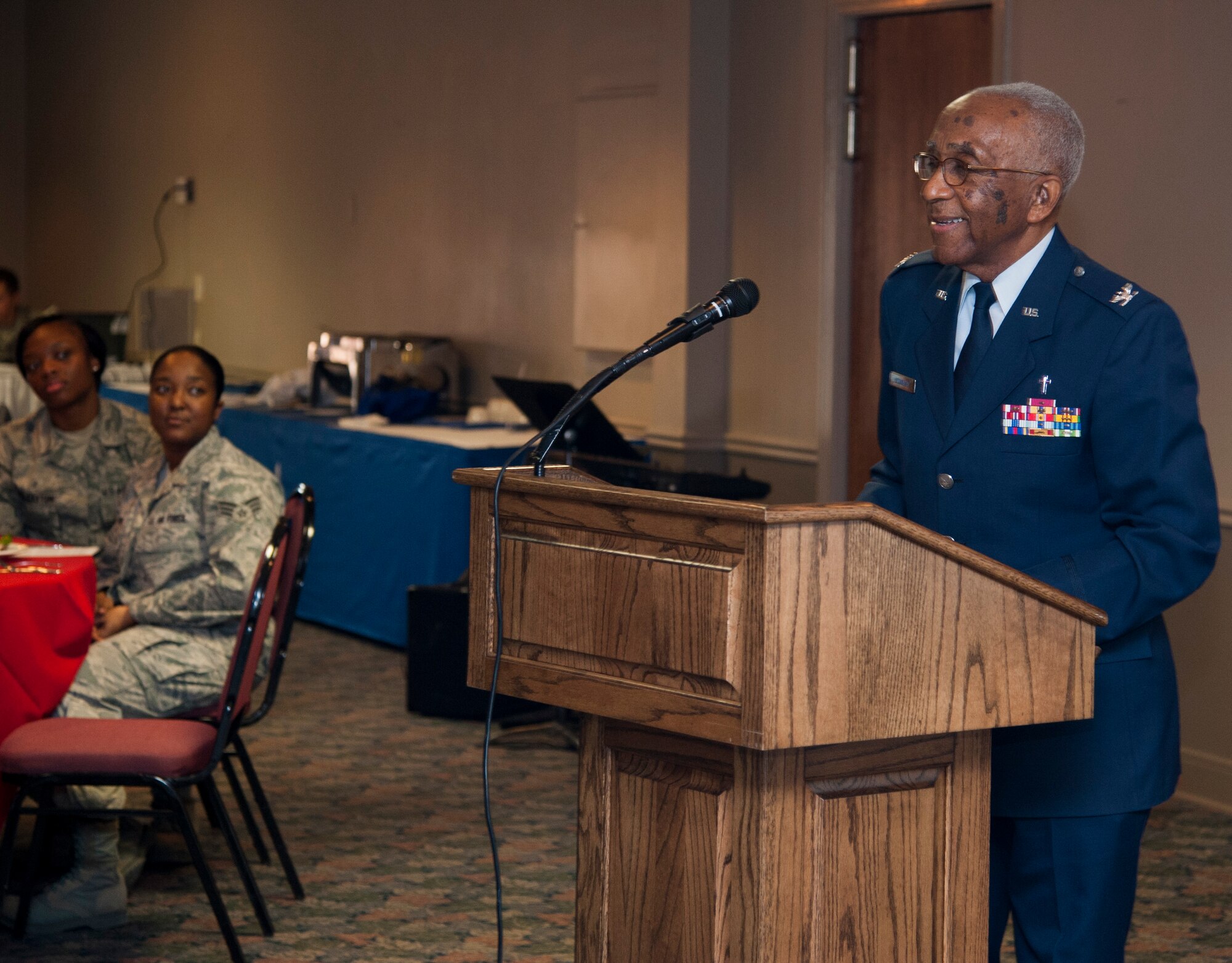 Retired Chaplain (Col.) Al Hockaday speaks at Laughlin’s National Prayer Luncheon at Club XL on Laughlin Air Force Base, Texas, Feb. 27, 2014. Hockaday spoke on the meaning and importance of prayer for military families. (U.S. Air Force photo/Airman 1st Class Jimmie D. Pike)