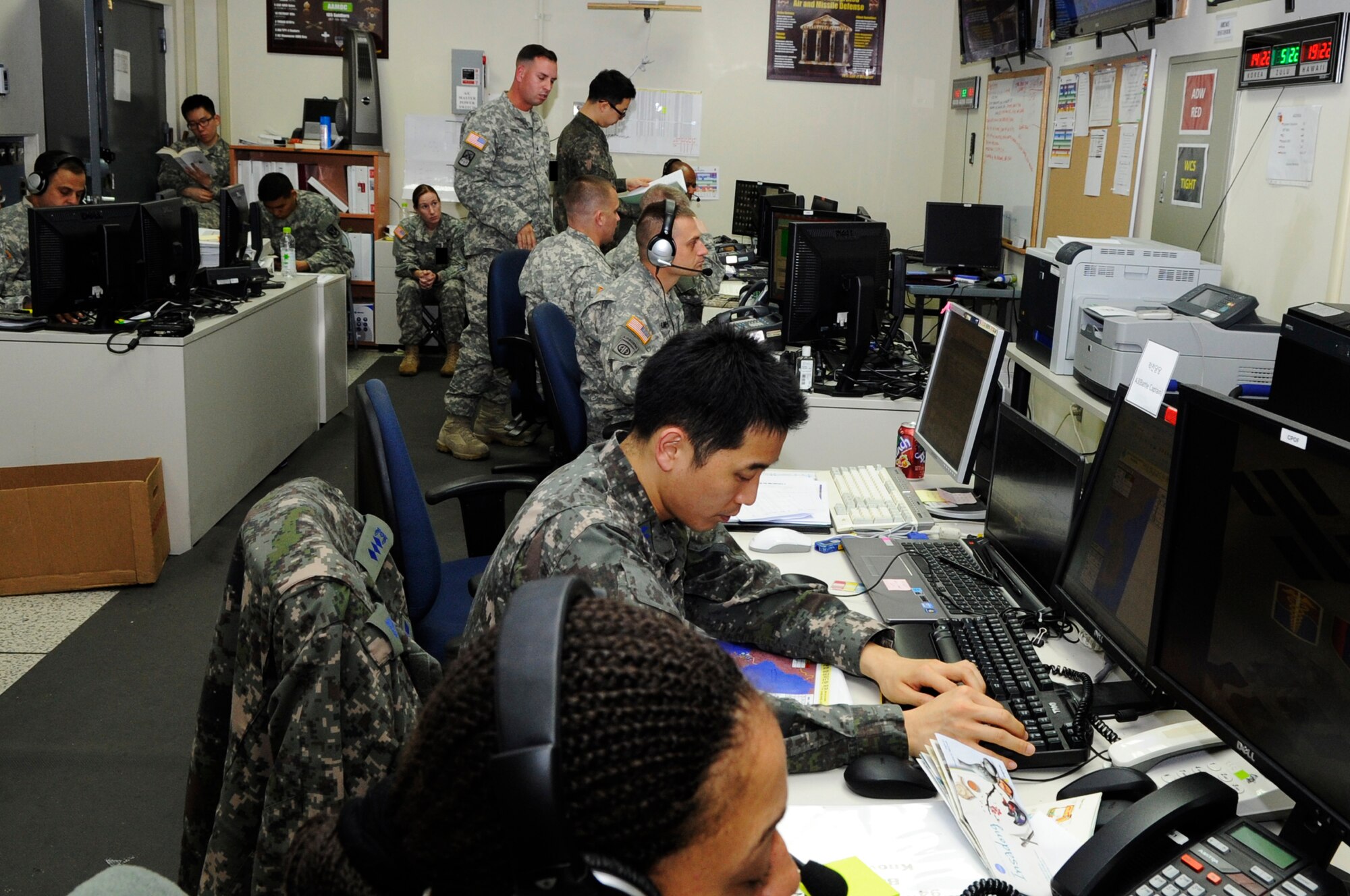 94th Army Air and Missile Defense Center and Republic of Korea Air Force work together to keep the skies safe during Exercise Key Resolve 2014, March 4, 2014. They provide timely assessments of missile and air threats, give rapid tactical warning, processes targeting data and posts strike assessments to leadership. (U.S. Air Force photo/Senior Airman Marcus Morris)


