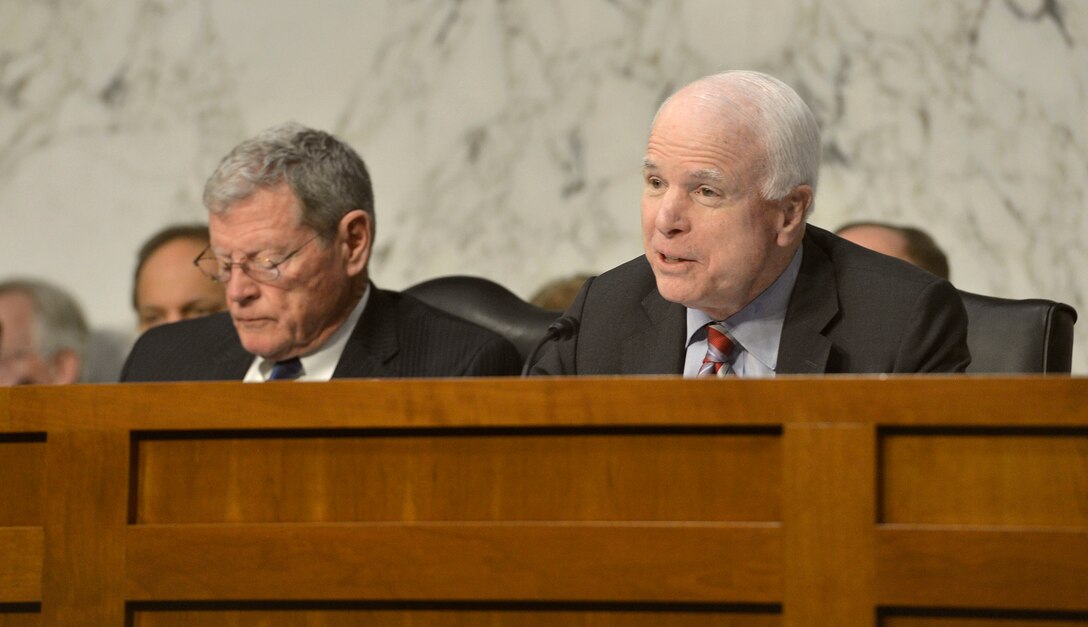 U.S. Sen. John McCain of Arizona asks a round of questions of Defense Secretary Chuck Hagel as he testifies before the Senate Armed Services Committee on the Defense Department's fiscal year 2015 budget request in Washington, D.C., March 5, 2014. 