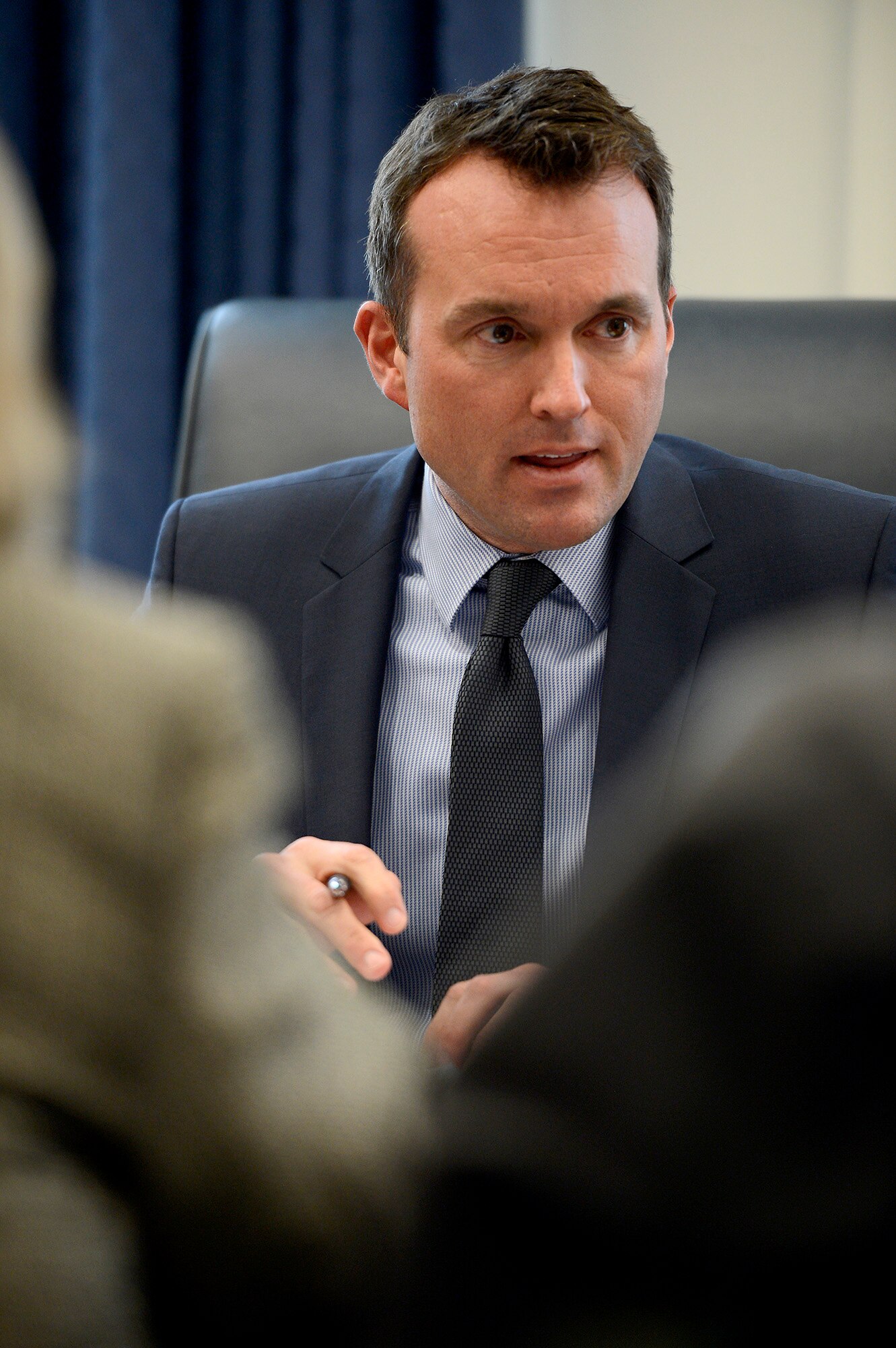 Under Secretary of the Air Force Eric Fanning presents the 2015 Air Force space program budget in a media briefing March 5, 2015, at the Pentagon. Fanning also discussed the importance of space programs, provided an overview of Air Force space priorities in the future and called for the protection of this “precious and perishable strategic resource.” (U.S. Air Force photo/Scott M. Ash)
