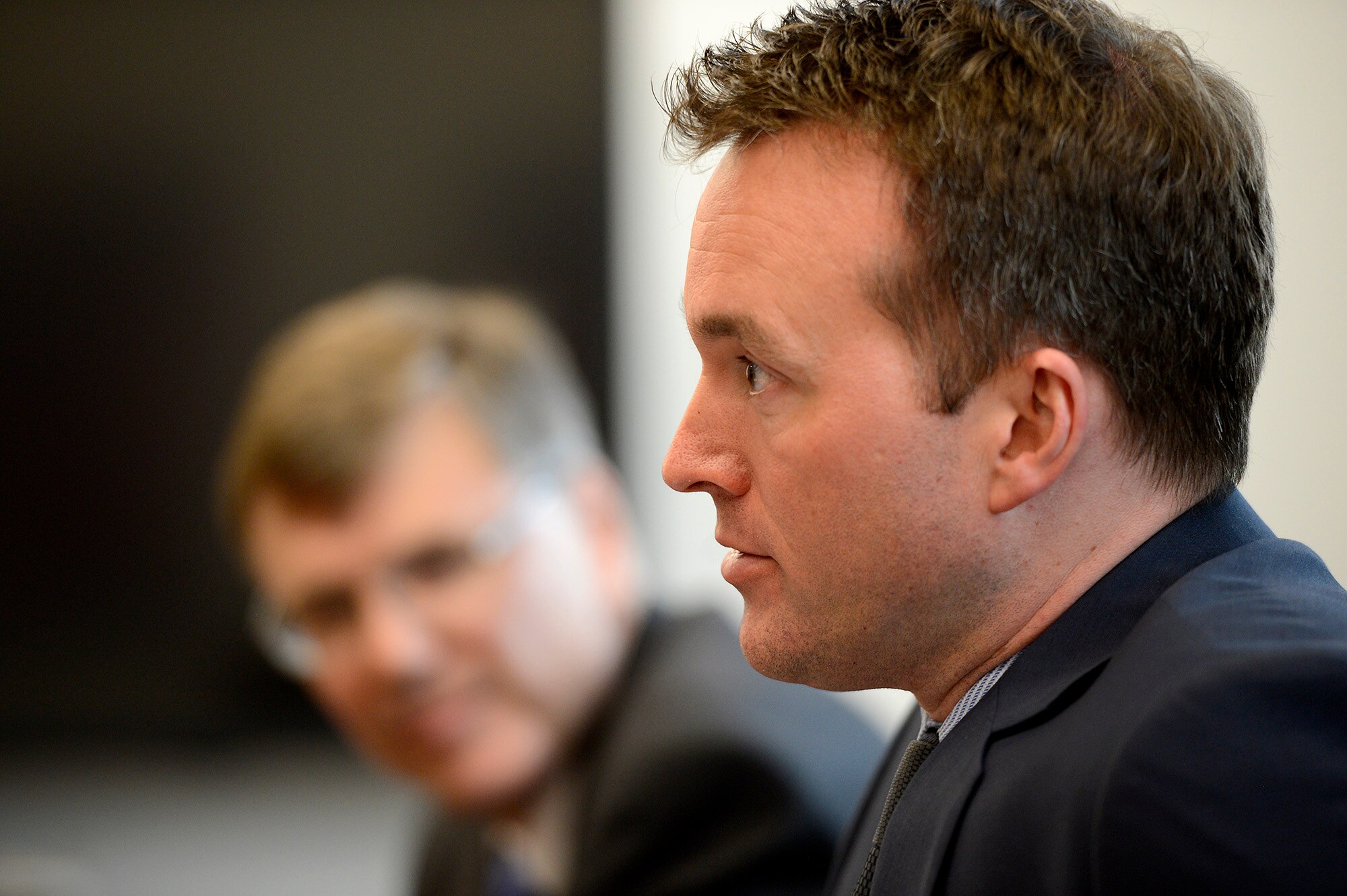 Under Secretary of the Air Force Eric Fanning presents the 2015 Air Force space program budget in a media briefing March 5, 2015, at the Pentagon, while Dr. Troy E. Meink, the deputy Under Secretary of the Air Force for Space, looks on. Fanning also discussed the importance of space programs, provided an overview of Air Force space priorities in the future and called for the protection of this “precious and perishable strategic resource.” (U.S. Air Force photo/Scott M. Ash)