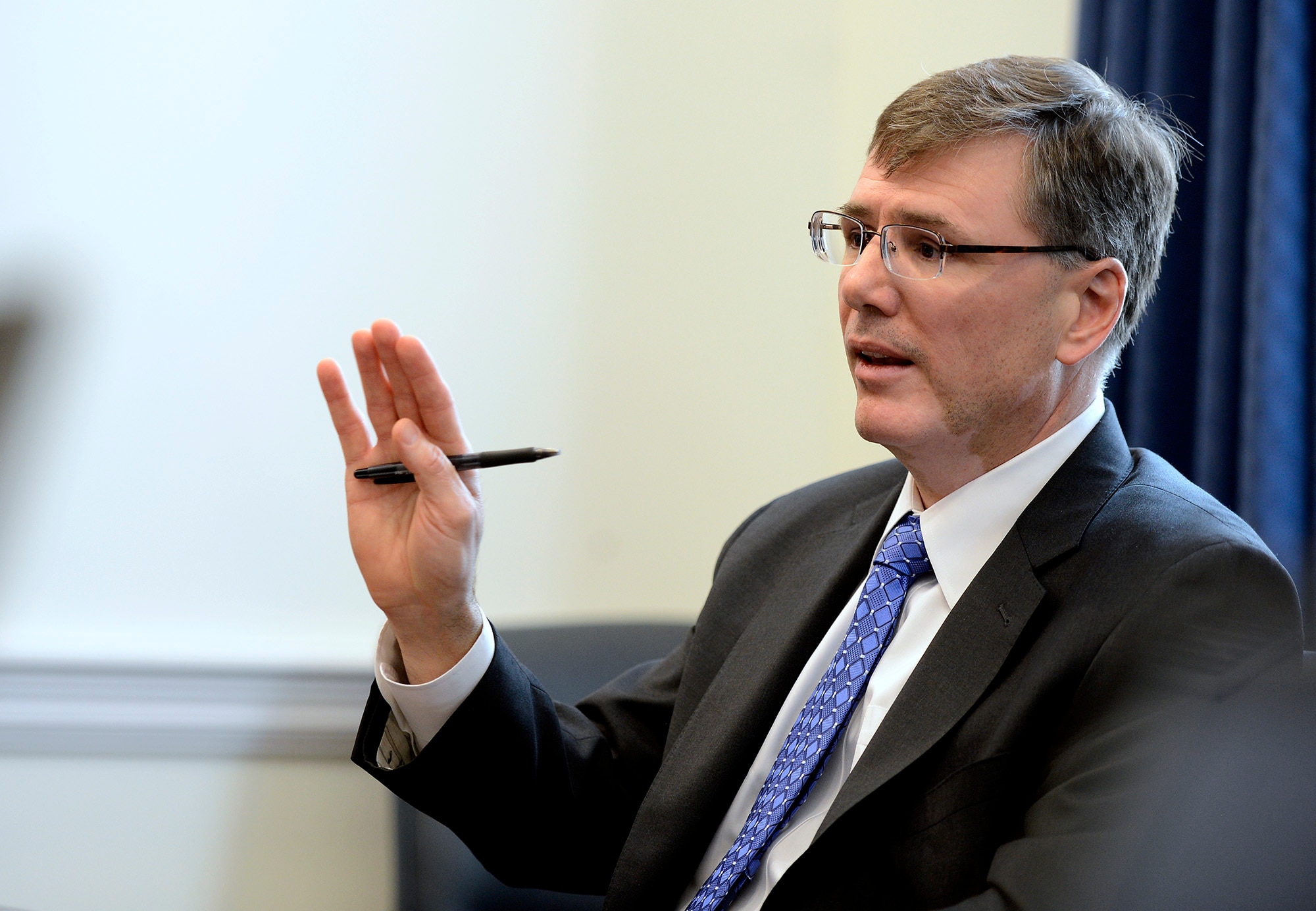 Dr. Troy E. Meink, the deputy Under Secretary of the Air Force for Space, answers questions during a space budget briefing March 5, 2015, at the Pentagon. Meink discussed the Air Force’s commitment to competition, finding cost-effective measures, and fielding capabilities to address concerns of a growing “contested environment.” (U.S. Air Force photo/Scott M. Ash)