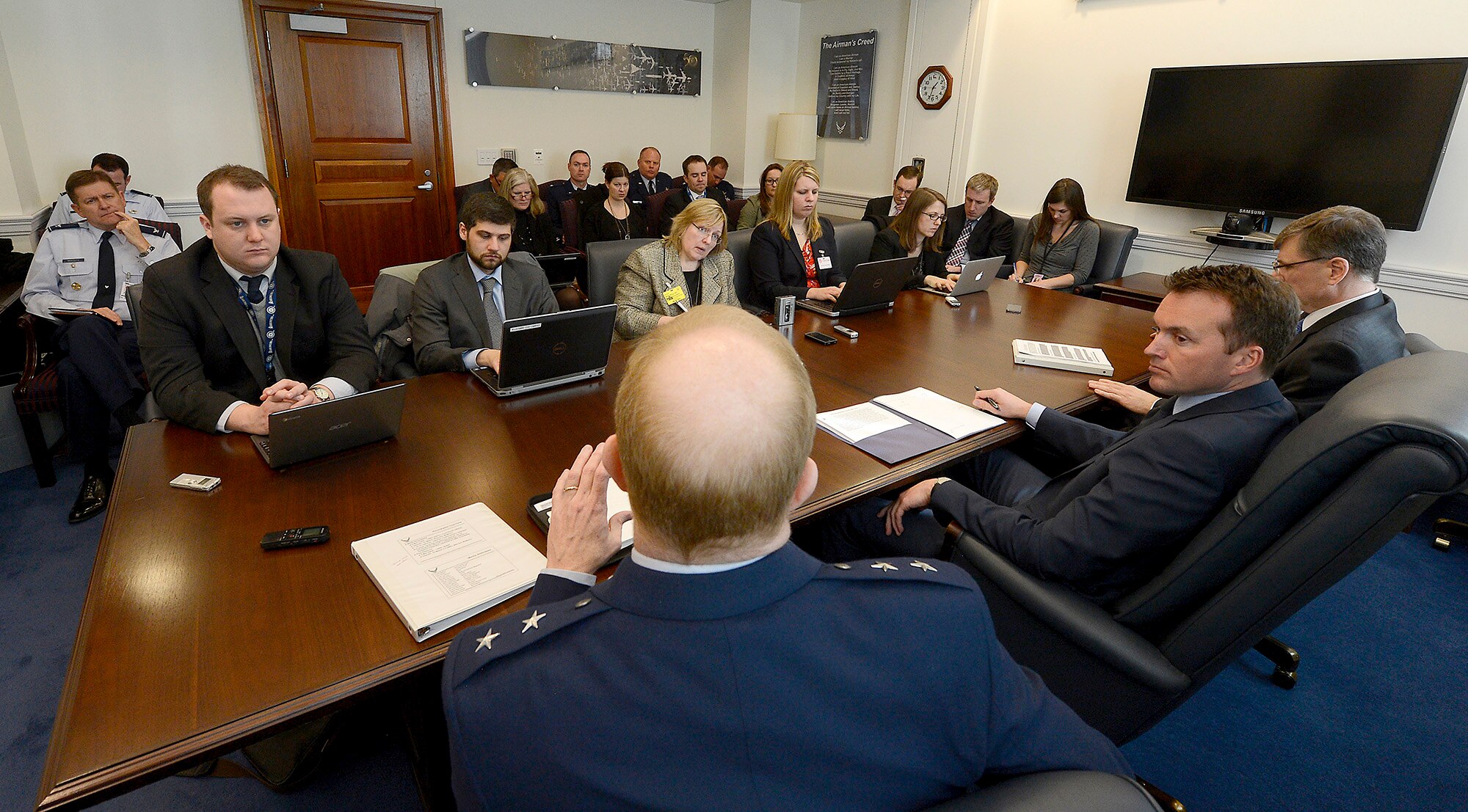 Maj. Gen. Robert McMurry Jr., the director, Space Programs, Office of the Assistant Secretary for Acquisition, answers questions during the 2015 Air Force space program budget in a media briefing March 5, 2015, at the Pentagon. Under Secretary of the Air Force Eric Fanning and Dr. Troy E. Meink, the deputy Under Secretary of the Air Force for Space, also provided details on the budget and future priorities. (U.S. Air Force photo/Scott M. Ash)