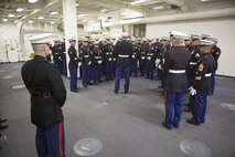 1st Sgt. Leon M. Banta, a US Marine with 8th Engineer Support Battalion, Combat Logistics Regiment 25, 2nd Marine Logistics Group, addresses Marines before the commissioning ceremony of USS Somerset (LPD 25) March 1, 2014. USS Somerset is the newest San Antonio class amphibious transport ship and it was named to honor the passengers of United Airlines Flight 93 that crashed in Somerset County on September 11, 2001. (U.S. Marine Corps photo by Cpl. William M. Kresse / Released)