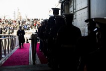 US Marines with Combat Logistics Regiment 25, 2nd Marine Logistics Group disembark USS Somerset (LPD 25) before the commissioning ceremony at Penn's Landing, Philadelphia, Pa., March 1, 2014. USS Somerset is the newest San Antonio class amphibious transport ship and it was named to honor the passengers of United Airlines Flight 93 that crashed in Somerset County on September 11, 2001. (U.S. Marine Corps photo by Cpl. William M. Kresse / Released)