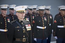 Commander of Troops, Maj. Shawn D. Tyson, with Combat Logistics Regiment 25, 2nd Marine Logistics Group, leads the formation at the commissioning ceremony for USS Somerset (LPD 25) at Penn's Landing, Philadelphia, Pa., March 1, 2014. USS Somerset is the newest San Antonio class amphibious transport ship and it was named to honor the passengers of United Airlines Flight 93 that crashed in Somerset County on September 11, 2001. (U.S. Marine Corps photo by Cpl. William M. Kresse / Released)