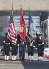 US Marines and Sailors stand in formation at the commissioning ceremony for USS Somerset (LPD 25) at Penn's Landing, Philadelphia, Pa., March 1, 2014. USS Somerset is the newest San Antonio class amphibious transport ship and it was named to honor the passengers of United Airlines Flight 93 that crashed in Somerset County on September 11, 2001. (U.S. Marine Corps photo by Cpl. William M. Kresse / Released)