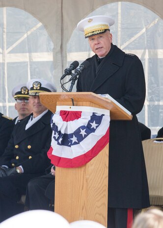 Commandant of the Marine Corps, Gen. James F. Amos, addressess the audience as the keynote speaker at the commissioning ceremony for USS Somerset (LPD 25) at Penn's Landing, Philadelphia, Pa., March 1, 2014. USS Somerset is the newest San Antonio class amphibious transport ship and it was named to honor the passengers of United Airlines Flight 93 that crashed in Somerset County on September 11, 2001. (U.S. Marine Corps photo by Cpl. William M. Kresse / Released)