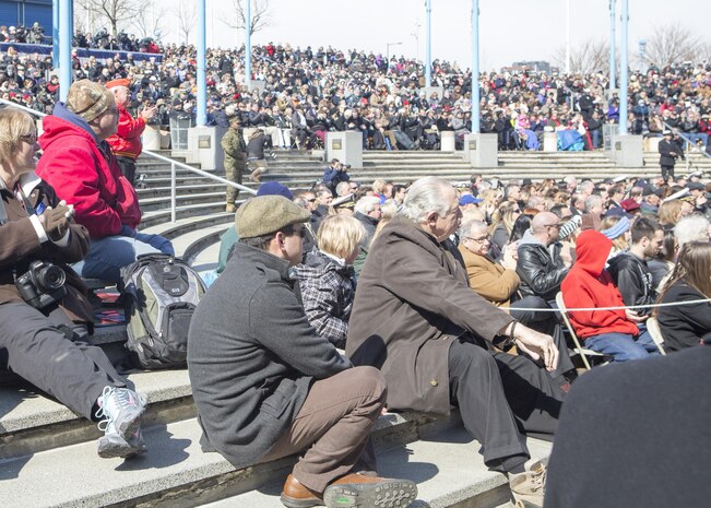 The crowd cheers as the USS Somerset (LPD 25) comes to life during the commissioning ceremony at Penn's Landing, Philadelphia, Pa., March 1, 2014. USS Somerset is the newest San Antonio class amphibious transport ship and it was named to honor the passengers of United Airlines Flight 93 that crashed in Somerset County on September 11, 2001. (U.S. Marine Corps photo by Cpl. William M. Kresse / Released)