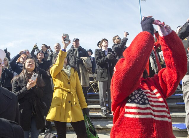 The crowd cheers as the USS Somerset (LPD 25) comes to life during the commissioning ceremony at Penn's Landing, Philadelphia, Pa., March 1, 2014. USS Somerset is the newest San Antonio class amphibious transport ship and it was named to honor the passengers of United Airlines Flight 93 that crashed in Somerset County on September 11, 2001. (U.S. Marine Corps photo by Cpl. William M. Kresse / Released)
