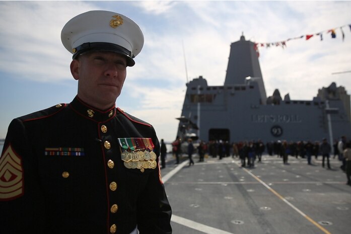 First Sgt. Leon M. Banta, an Oil City, Pa. native and the company first sergeant for Engineer Support Company, 8th Engineer Support Battalion, 2nd Marine Logistics Group, stands aboard the USS Somerset during a commissioning ceremony in Penn’s Landing, Philadelphia, March 1, 2014. The San Antonio-class amphibious troop transport is the third and final transport built with metal salvaged after the 9/11 terrorist attacks and was named in honor of the passengers of United Airlines Flight 93, which crashed in Somerset County, Pa.