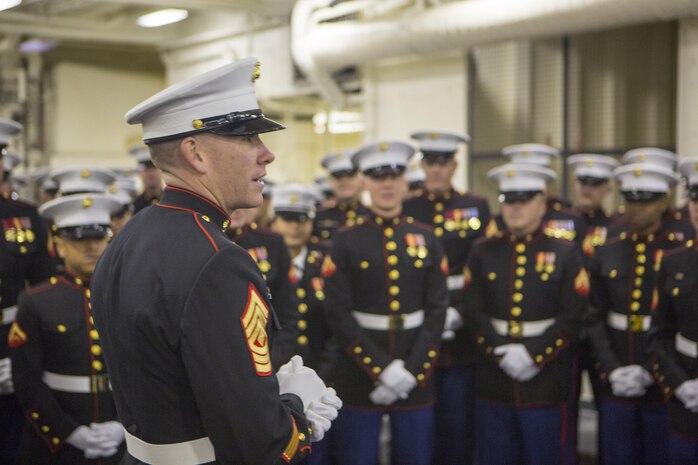 1st Sgt. Leon M. Banta, a US Marine with 8th Engineer Support Battalion, Combat Logistics Regiment 25, 2nd Marine Logistics Group, addresses Marines before the commissioning ceremony of USS Somerset (LPD 25) March 1, 2014. USS Somerset is the newest San Antonio class amphibious transport ship and it was named to honor the passengers of United Airlines Flight 93 that crashed in Somerset County on September 11, 2001. (U.S. Marine Corps photo by Cpl. William M. Kresse / Released)