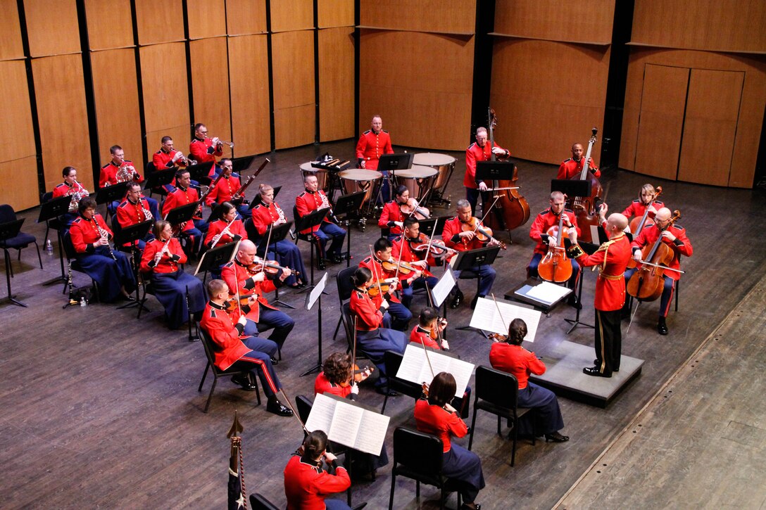 On March 2, 2014, the Marine Chamber Orchestra performed a concert titled "Homage to the Godfathers" at the Rachel M. Schlesigner Concert Hall at Northern Virginia Community College in Alexandria, Va. Conducted by Major Jason K. Fettig, the concert featured Master Sgt. Aaron Clay performing Nina Rota's Divertimento Concertante.(U.S. Marine Corps photo by Staff Sgt. Rachel Ghadiali/released)