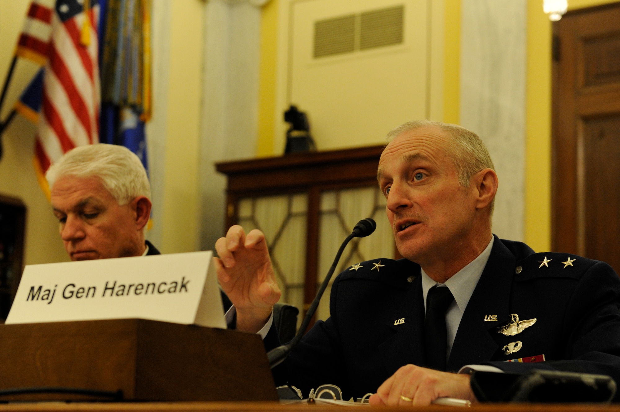 Maj. Gen. Garrett Harencak answers questions regarding the Air Force’s development status of the Long Range Strike-Bomber, during the Senate Armed Service Committee’s Subcommittee on Strategic Forces hearing on the status of the Air Force nuclear and strategic systems, March 5. Harencak is the Strategic Deterrence and Nuclear Integration assistant chief of staff, Washington, D.C. (U.S. Air Force photo by Staff Sgt. Carlin Leslie)