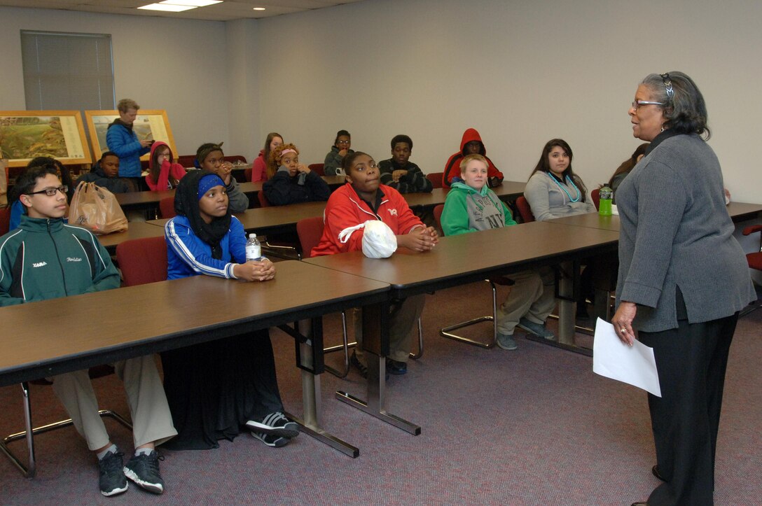 Carol Haynes, U.S. Army Corps of Engineers Nashville District Equal Employment Opportunity chief, speaks to Stratford STEM Magnet High School freshmen about the many career opportunities with the Corps during their field trip to Old Hickory Dam Feb. 27, 2014.