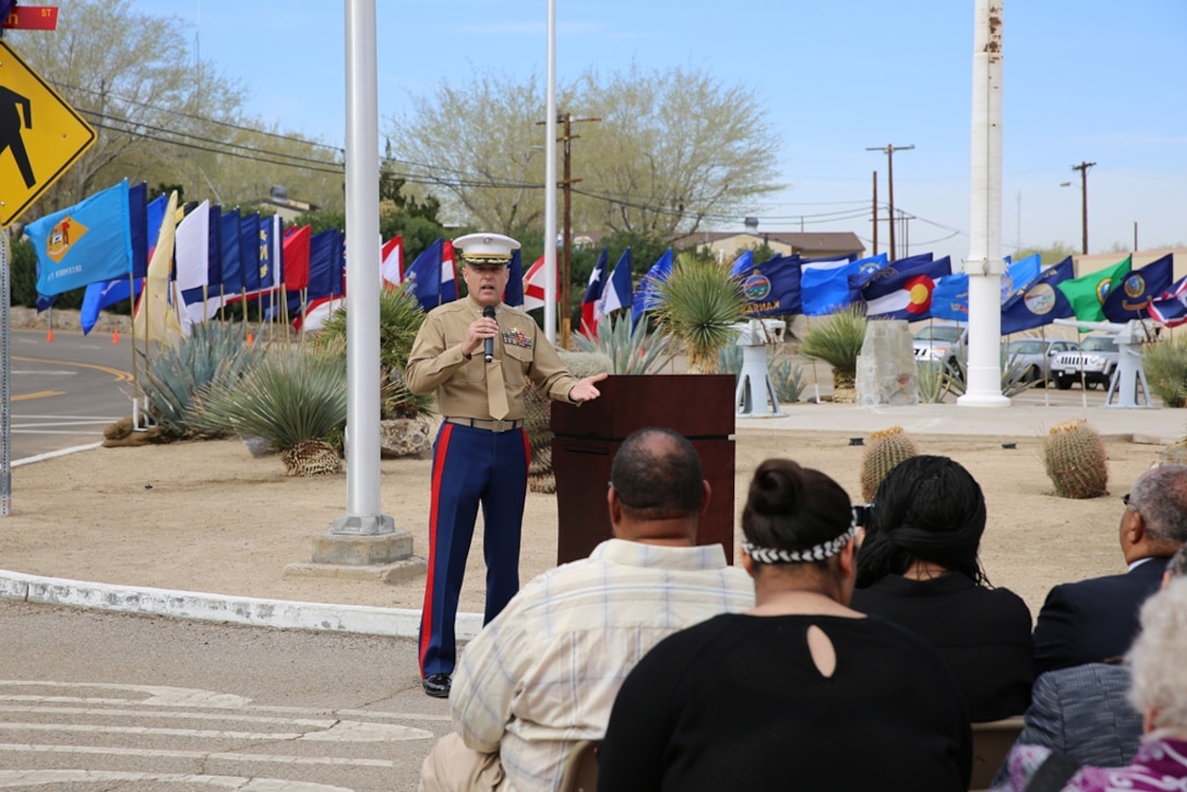 Colonel Michael Scalise; Commanding Officer of Marine Corps Logistics Base Barstow; addresses the audience at the MGYSGT Brewer Street Renaming Ceremony aboard MCLB Barstow on 5 March. MGYSGT Brewer; a Montford Point Marine and recipient of the Congressional Gold Medal; received this honor posthumously for his exemplary service.