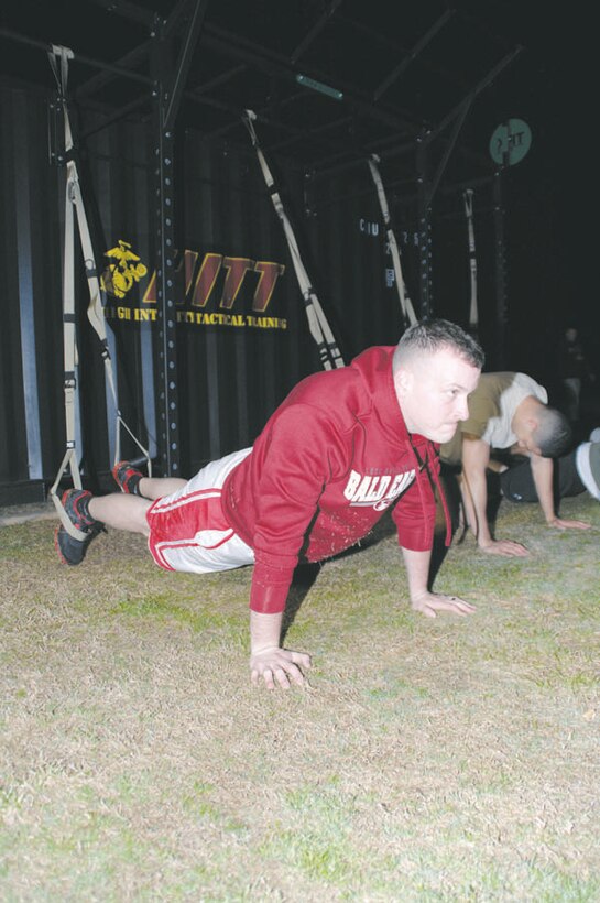 Marines participate in high intensity tactical training during Monday morning physical training. The HITT’s primary purpose is to enhance operational fitness levels and optimize combat readiness and resiliency for active-duty and Reserve Marines.