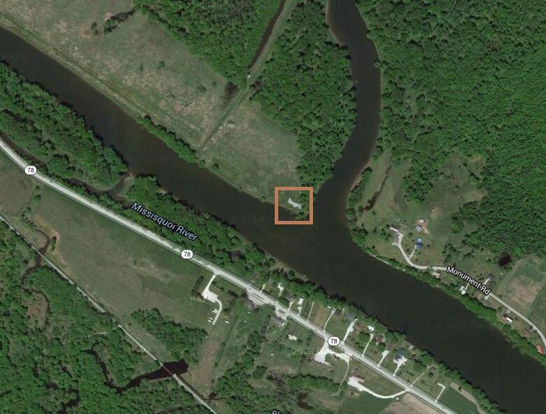 Satellite map of the Missisquoi River with the Native American cultural site noted in tan box. 