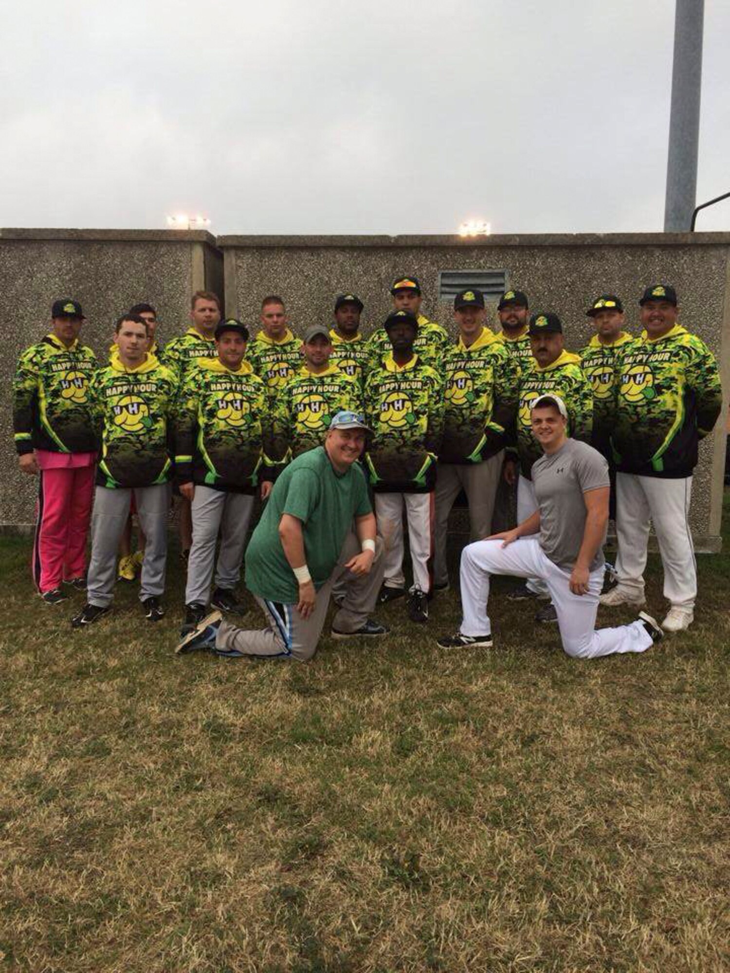 Team Holloman’s varsity men’s softball team gathers for a photo, (back row, left to right) Tech. Sgt. Eric Hilton, 49th Wing Security Forces Squadron, Airman 1st Class Kevin Books, 49th Wing Civil Engineering Squadron, Tech. Sgt. Chris Bohrman, 49th Wing Material Maintenance Support Squadron and team coach, Airman 1st Class Andrew Gordon, 49th Materiel Maintenance Squadron, Senior Airman Brandon Jones, 49th Logistics Readiness Squadron, Staff Sgt. Kenneth Henderson, 6th Reconnaissance Squadron and team coach, John Newby, 16th Training Squadron, Staff Sgt. Mathew Plank, 49th Maintenance Squadron, Martin Venegas, Civil Engineering Squadron, (middle row, left to right) Airman 1st Class Colby Melburn, 49th Maintenance Squadron, Staff Sgt. Brandon Buffa, 49th Civil Engineering Squadron, Tech. Sgt. Eddie Stottlemyer, 49th Maintenance Squadron, Senior Airman John Harris, 49th Maintenance Squadron, Staff Sgt. Sean Gillespie, 16th Training Squadron, Tech. Sgt. Ramon Guevara, 49th Logistics Readiness Squadron, (front row, left to right) Charles Bazdanes, 49th Contracting Squadron, and Senior Airman Beau Burton, 49th Contracting Squadron, at Holloman Air Force Base, N.M. The team took fifth place in a tournament that was held at Lackland Air Force Base Texas, in which 16 other teams competed. (Courtesy Photo)