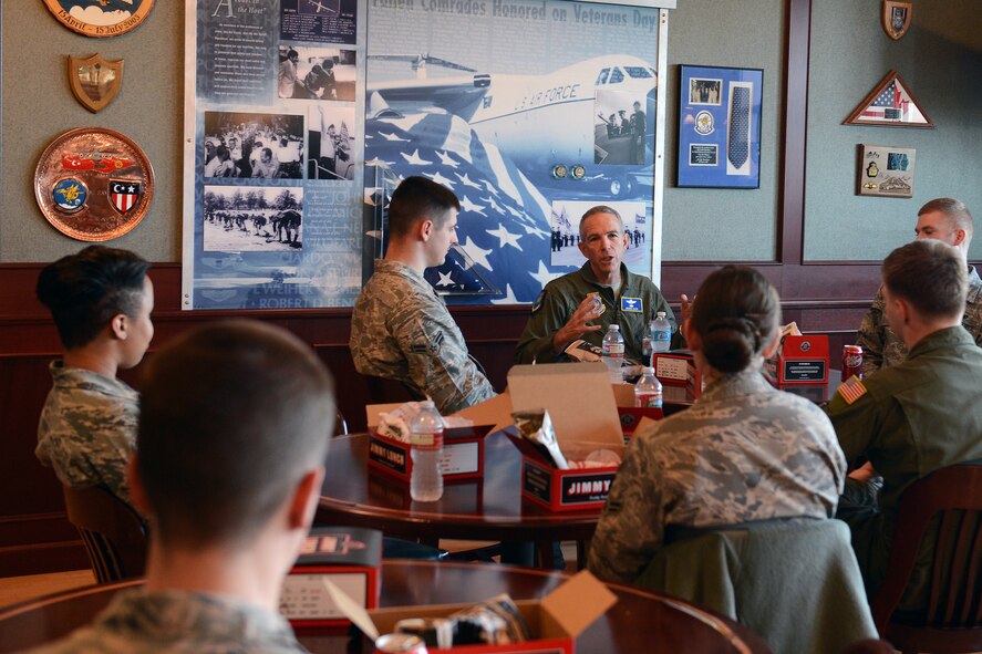 Lt. Gen. Brooks Bash, Air Mobility Command vice commander, speaks to Airmen about resilience March 5, 2014, during his visit to Joint Base Lewis-McChord, Wash. Bash visited JBLM to gain a better understanding of joint basing, mission capabilities and quality of life of Airmen. (U.S. Air Force photo/Airman 1st Class Jacob Jimenez) 