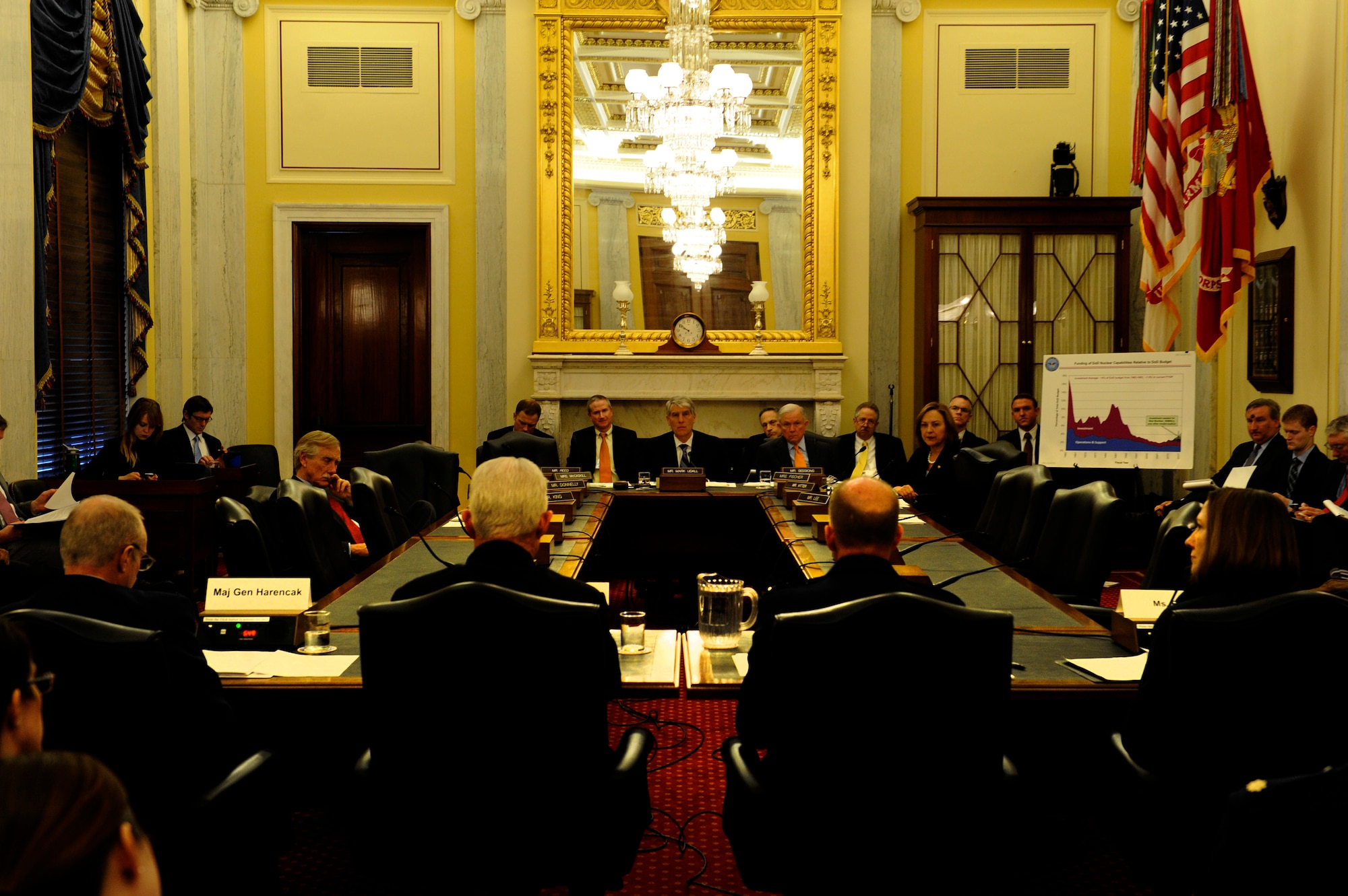 Maj. Gen. Garrett Harencak, Strategic Deterrence and Nuclear Integration assistant chief of staff; Vice Adm. Terry Benedict, Strategic Systems Programs director; Lt. Gen. Stephen Wilson, Air Force Global Strike Command commander; and Elaine Bunn, deputy assistant secretary of defense for Nuclear and Missile Defense Policy, testify before the Senate Armed Service Committee’s Subcommittee on Strategic Forces, March 5. The witnesses appeared before the subcommittee to answer questions regarding nuclear forces and policies in review of the Defense Authorization Request for Fiscal Year 2015 and the Future Years Defense Program. (U.S. Air Force photo by Staff Sgt. Carlin Leslie)
