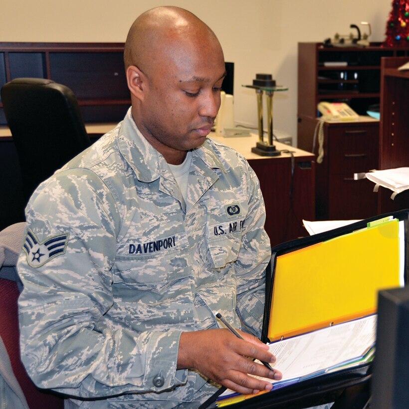 WRIGHT-PATTERSON AIR FORCE BASE, Ohio - Senior Airman Aaron J. Davenport, 89th Airlift Squadron aviation resource manager, is the 445th Airlift Wing March Spotlight Performer. (U.S. Air Force photo/Stacy Vaughn)