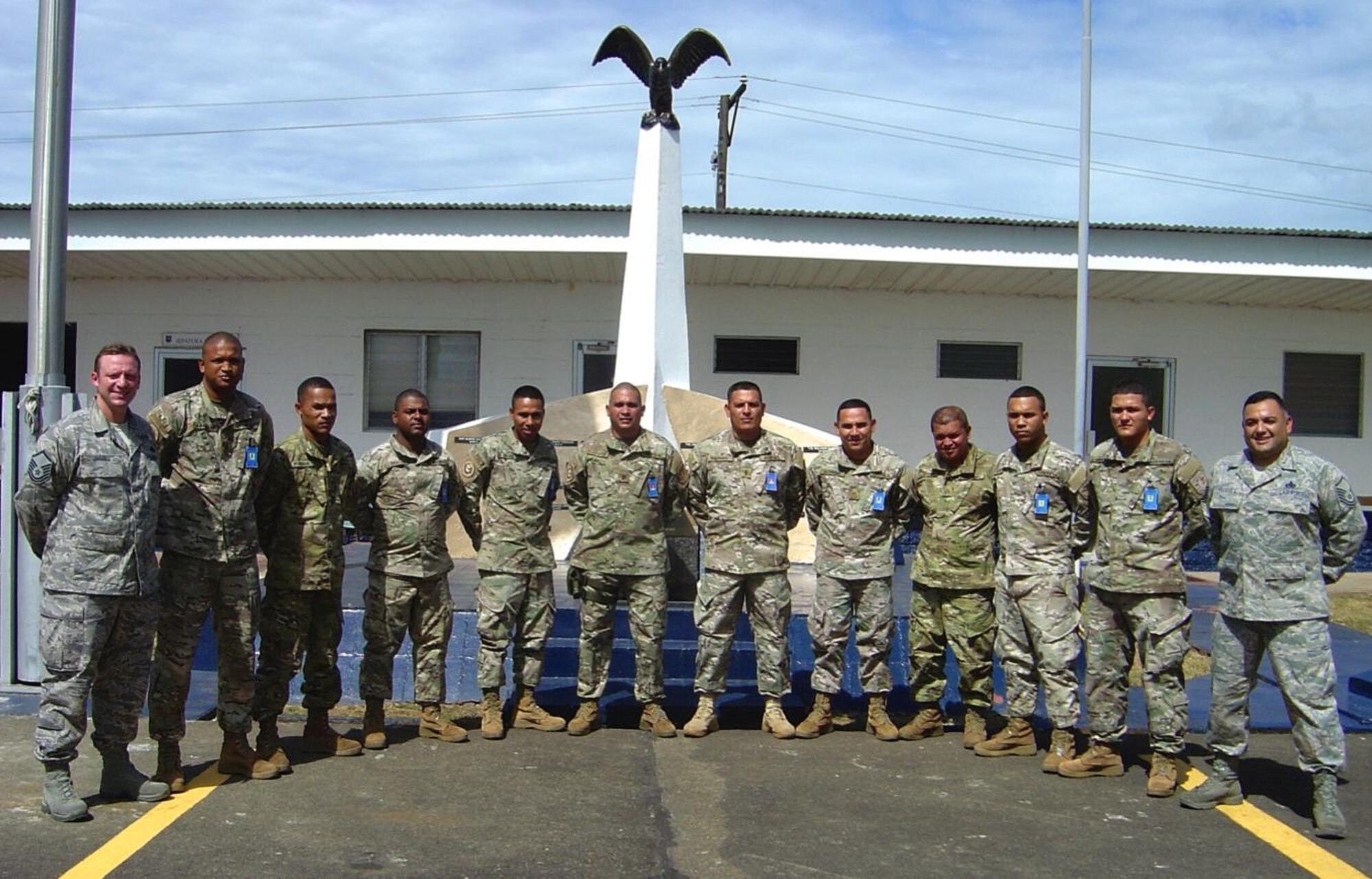 (Left) Master Sgt. Jeremy Jacobs, 12th Air Force (Air Forces Southern) Tactical Aircraft Manager, and Master Sgt. Roberto Vasquez, 12th Air Force (Air Forces Southern) A3/5 Superintendent, took part in the 20 day temporary duty assignment aimed at building partner capability pose for a photo with their Panamanian counterparts. 

