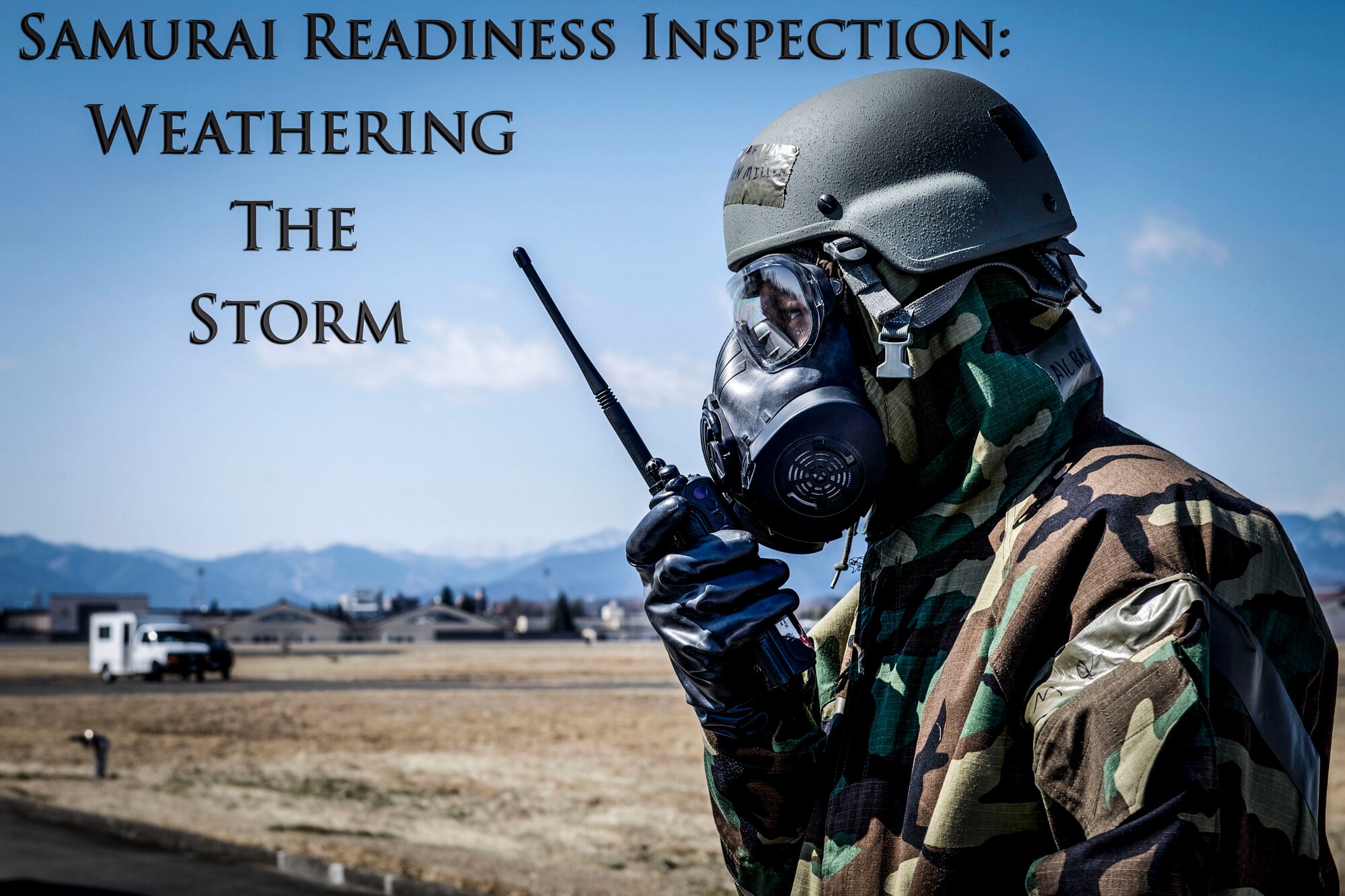 Airman 1st Class Brandon Miller, 374th Civil Engineer Squadron uses a radio wearing his mission-oriented protective posture gear at Yokota Air Base, Japan, March 6, 2014. Yokota is continuing their week-long Samurai Readiness Inspection, where they are being tested to perform under the challenging scenarios such as a chemical warfare attack. (U.S. Air Force graphic by Airman 1st Class David Danford / released)