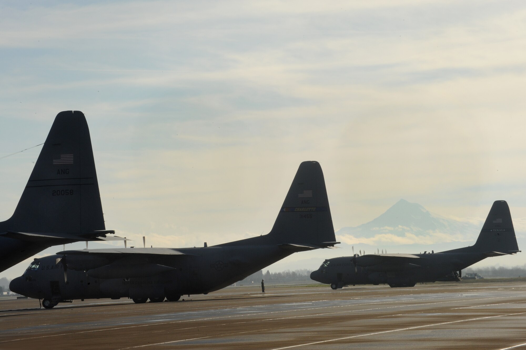 Several C-130 Hercules aircraft wait for cargo loads at the Portland Air National Guard Base, Ore., prior to departing for Nellis Air Force Base, Nev., Feb. 28, 2014. (U.S. Air National Guard photo by Tech. Sgt. John Hughel/Released)