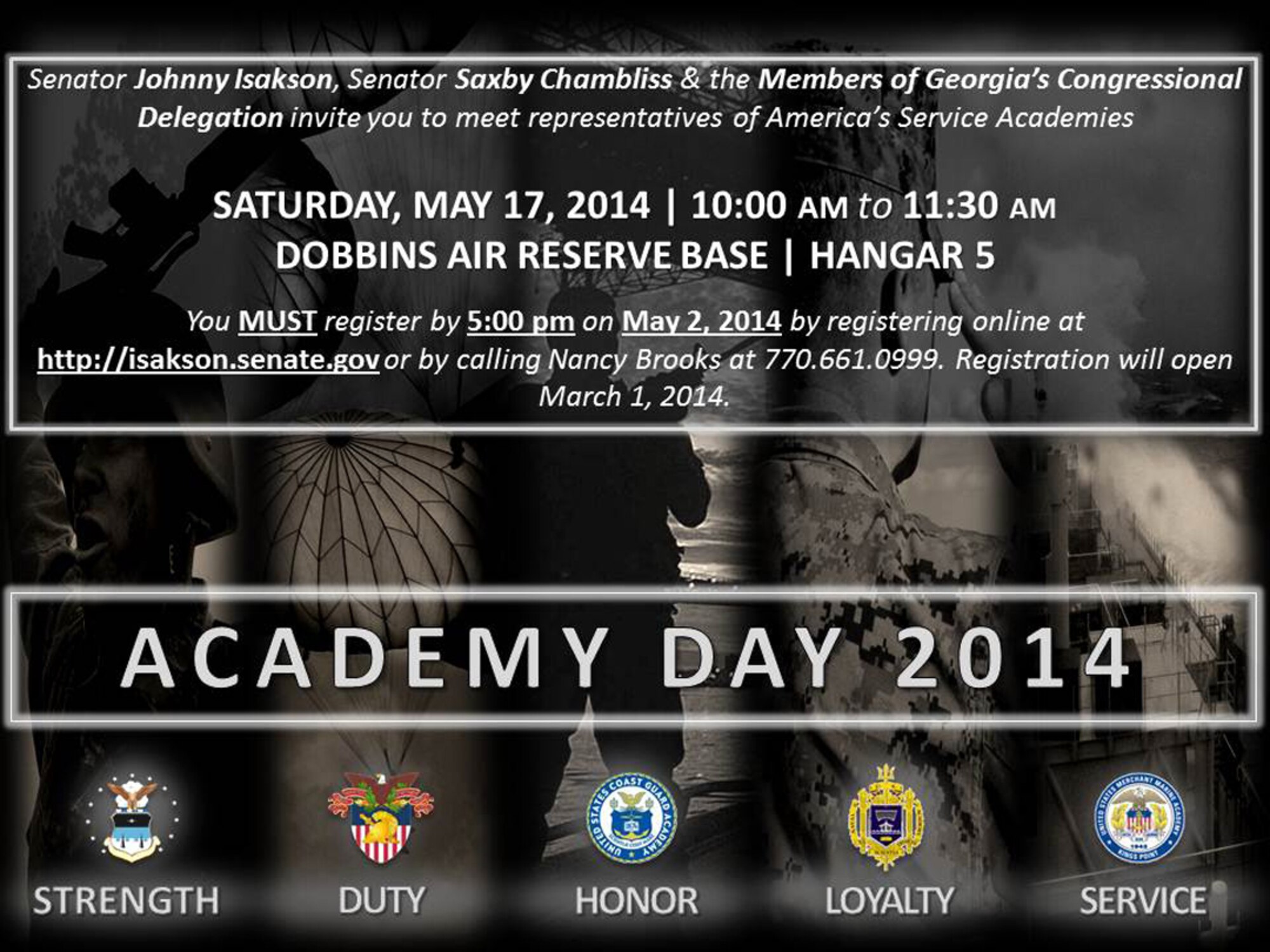 Academy Day 2014 is scheduled for Saturday, May. 17, 10 a.m. to 11:30 p.m. at Dobbins Air Reserve Base, Hangar 5. Desiring participants must register at http;//isakson.senate.gov or by calling Nancy Brooks at 770-661-0999 by 5 p.m., May 2. (Courtesy image)
