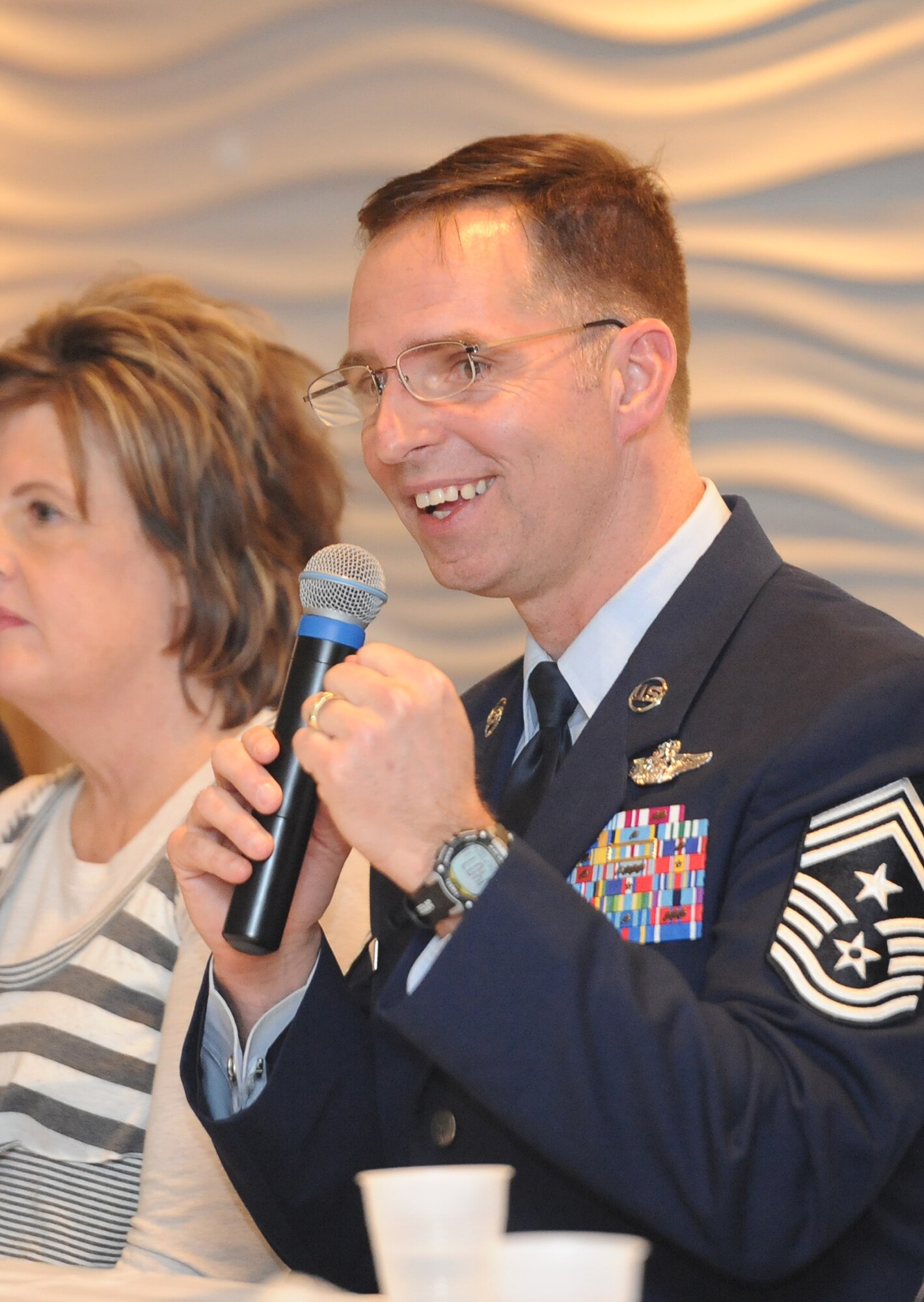 The 5th Bomb Wing Command Chief Master Sgt. Kevin Jurgella, participated in a panel explaining the importance of character to Minot school children, and many military dependents, at the Grand International hotel, Feb. 27, 2014 during a character symposium put on by the schools. Jurgella, along with other local professional leaders, explained how character plays a critical part every day, even when no one is looking. (U.S. Air Force photo/Senior Airman Andrew Crawford)