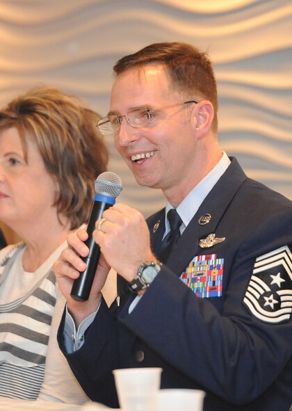 The 5th Bomb Wing Command Chief Master Sgt. Kevin Jurgella, participated in a panel explaining the importance of character to Minot school children, and many military dependents, at the Grand International hotel, Feb. 27, 2014 during a character symposium put on by the schools. Jurgella, along with other local professional leaders, explained how character plays a critical part every day, even when no one is looking. (U.S. Air Force photo/Senior Airman Andrew Crawford)