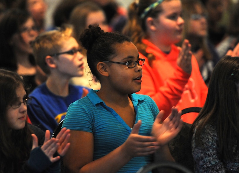 The 5th Bomb Wing Command Chief Master Sgt. Kevin Jurgella, participated in a panel explaining the importance of character to Minot school children, and many military dependents, at the Grand International hotel, Feb. 27, 2014 during a character symposium put on by the schools. Jurgella, along with other local professional leaders, explained how character plays a critical part every day, even when no one is looking. (U.S. Air Force photo/Senior Airman Andrew Crawford)