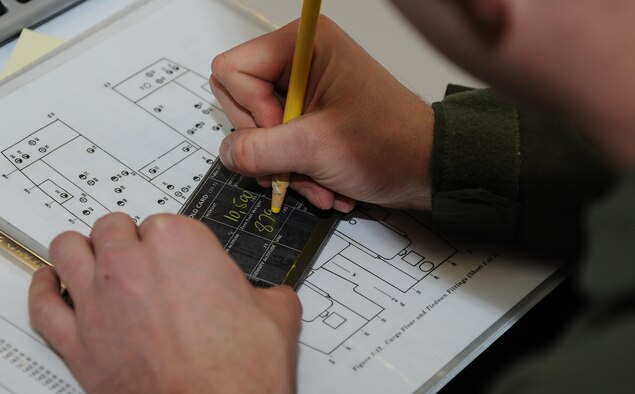 Tech. Sgt. Tim McKinley, 54th Helicopter Squadron flight engineer, fills out a takeoff and landing data card prior to flying at Minot Air Force Base, N.D., Feb. 21, 2014. McKinley double checks his work to ensure the flight is safe and fuel is correct. (U.S. Air Force photo/Senior Airman Andrew Crawford)