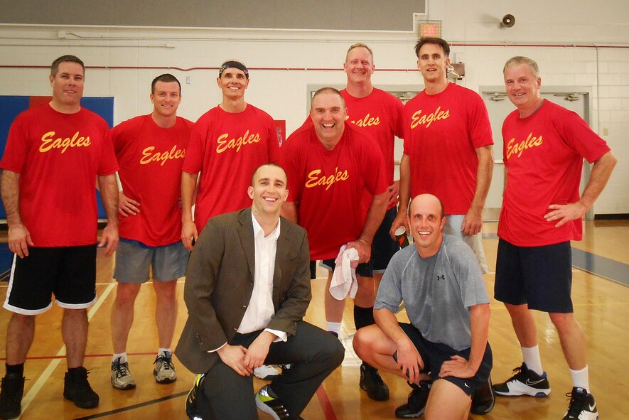 The Eagles beat the Chiefs 52-33 in their annual basketball game Jan. 31 at
Eglin Air Force Base Fla.  The Eagles pictured are:  (left to right) Tracy
Woodard, John Odum, Rick Ulrich, Sean Freitag, Eric North, Shawn Moore, Rich
Hyde, Mike Contrato and Dennis Mattson  (Courtesy photo)
